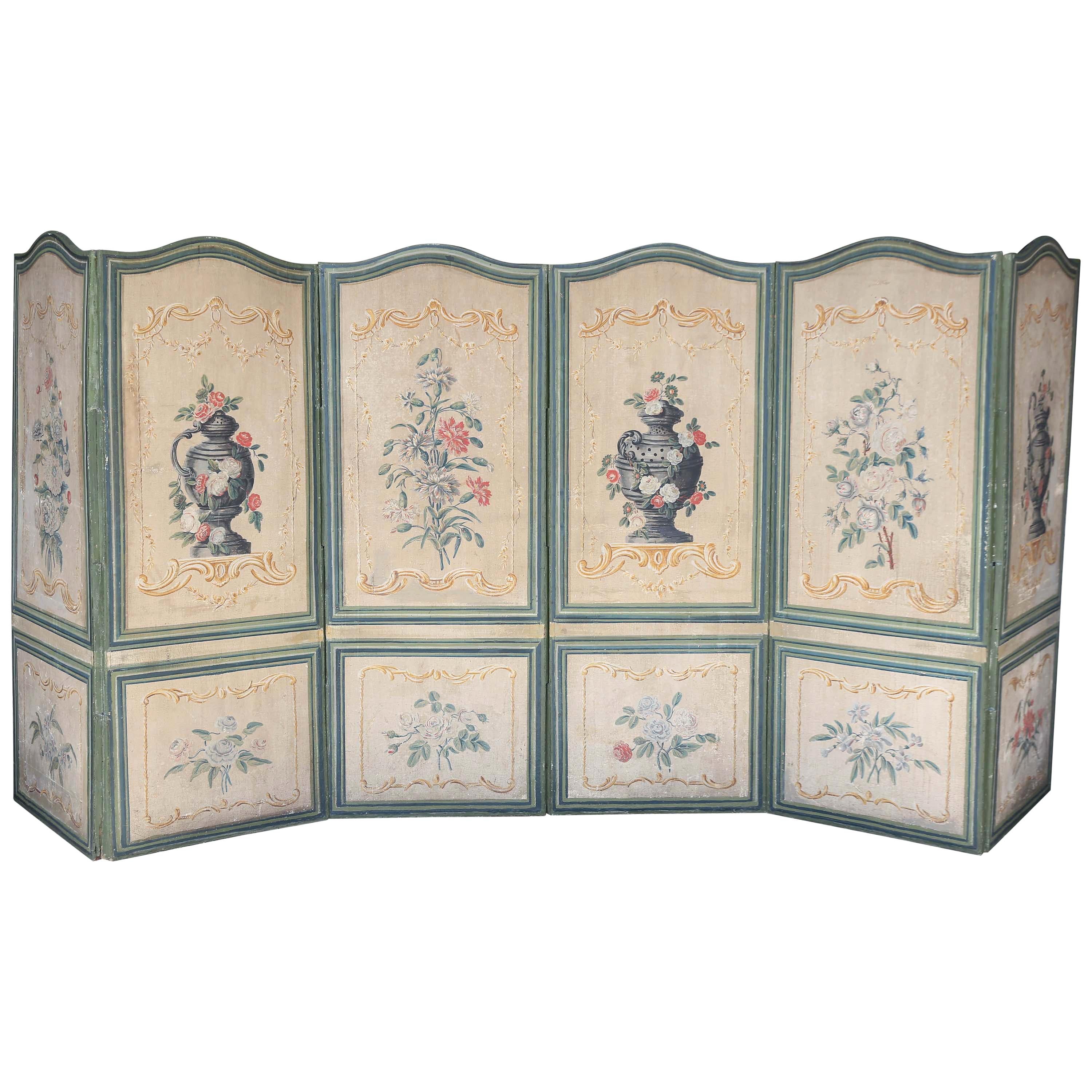 French 19th Century Six-Panel Painted Canvas Screen For Sale