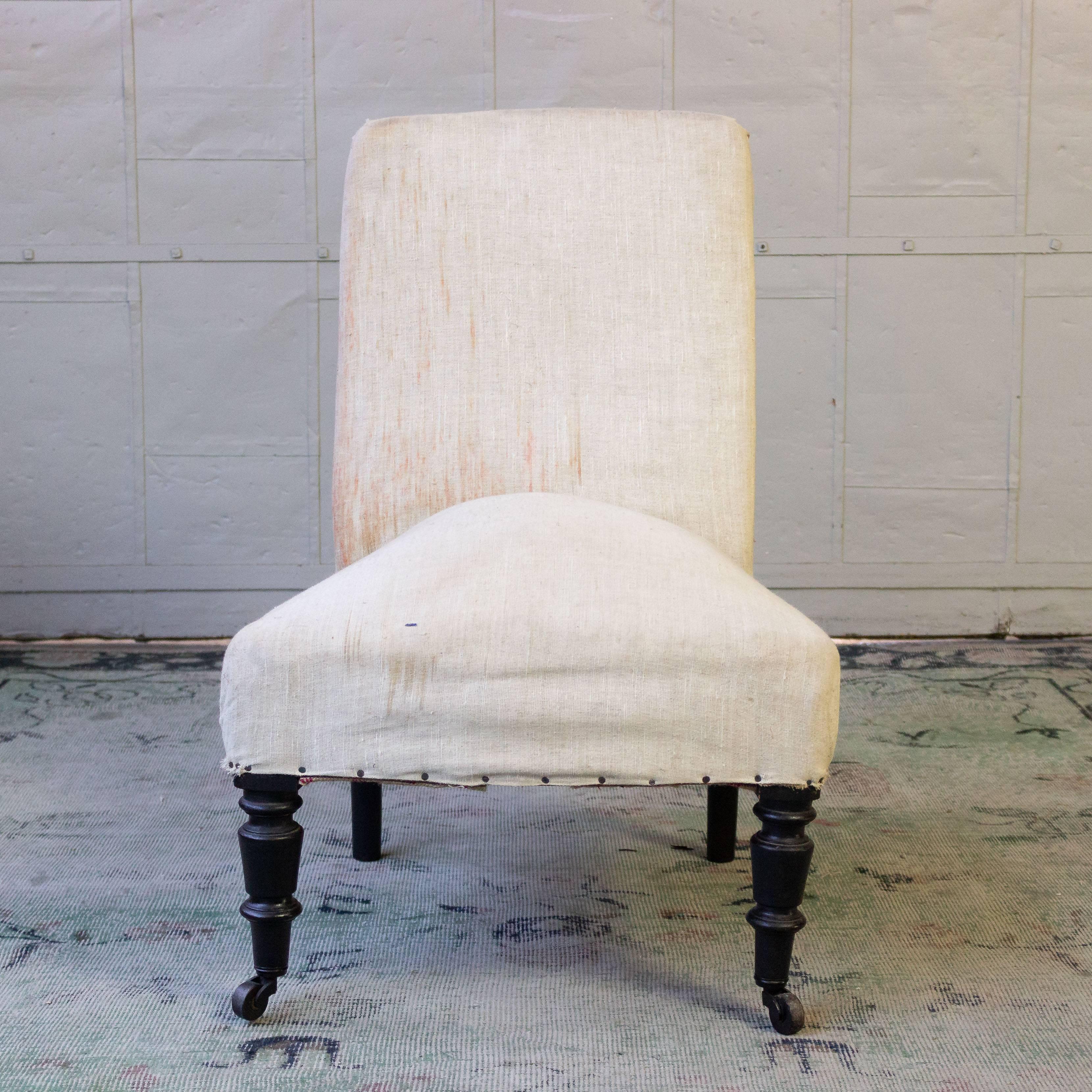 19th Century Napoleon III slipper chair. The legs have been refinished and the structure is in excellent shape. With new upholstery this chair is install ready.

Please contact for upholstery quote.