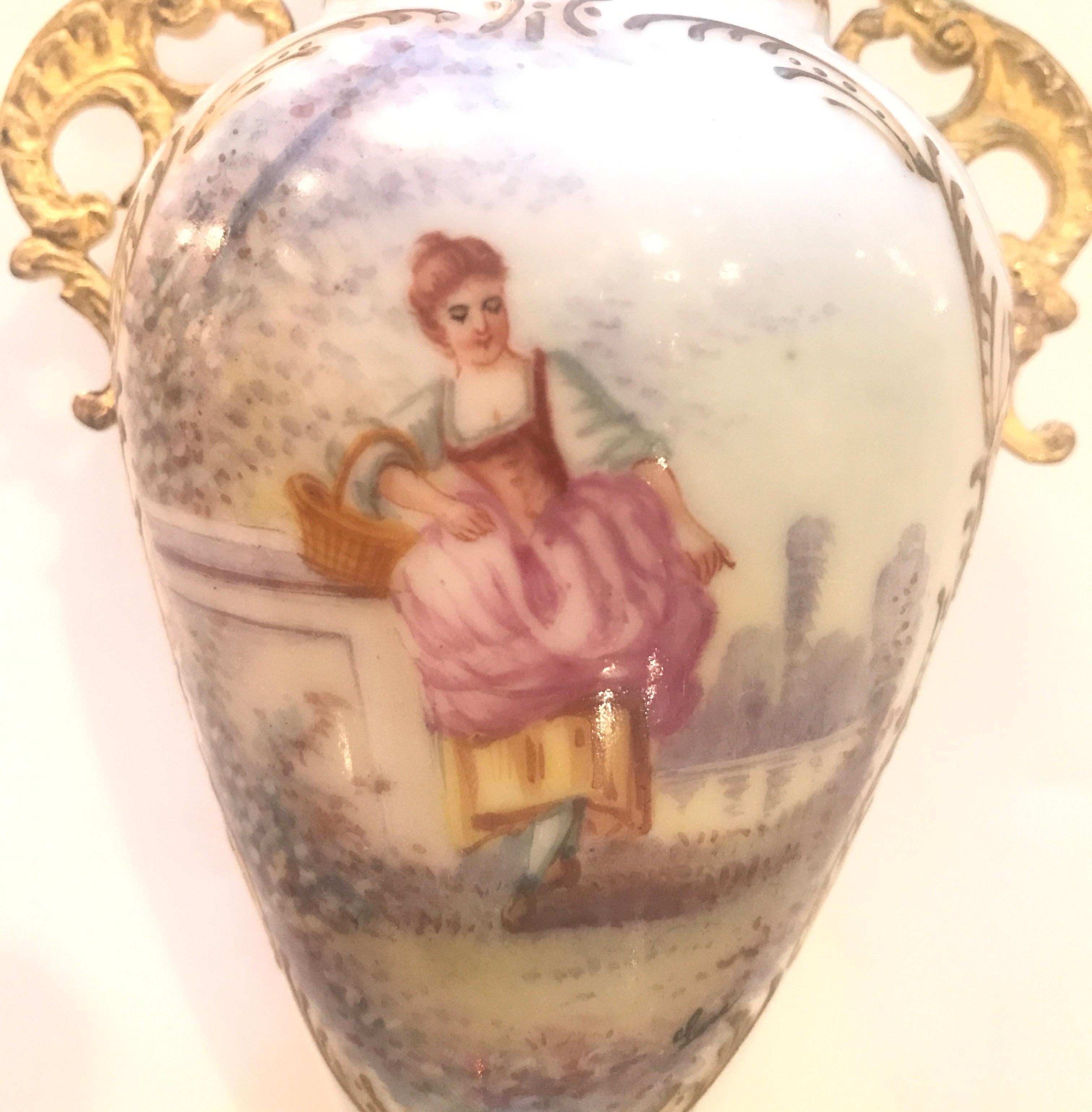 Louis XV French, 19th Century Small Porcelain and Ormolu Hand Painted Urn