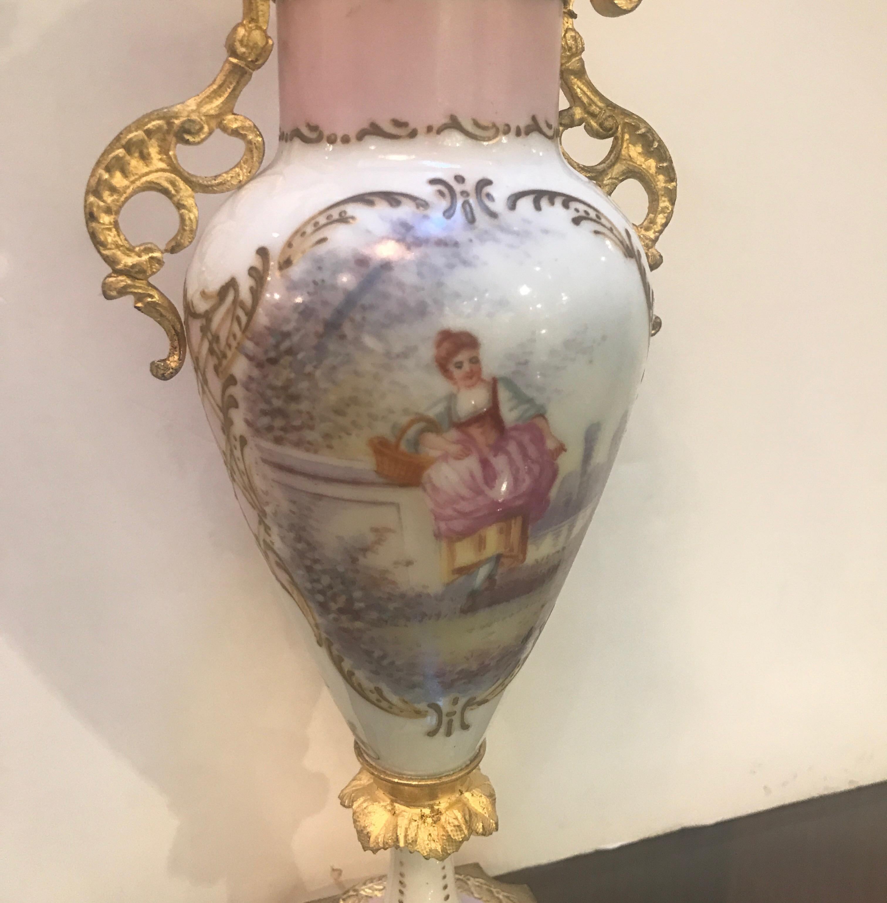 Hand-Painted French, 19th Century Small Porcelain and Ormolu Hand Painted Urn