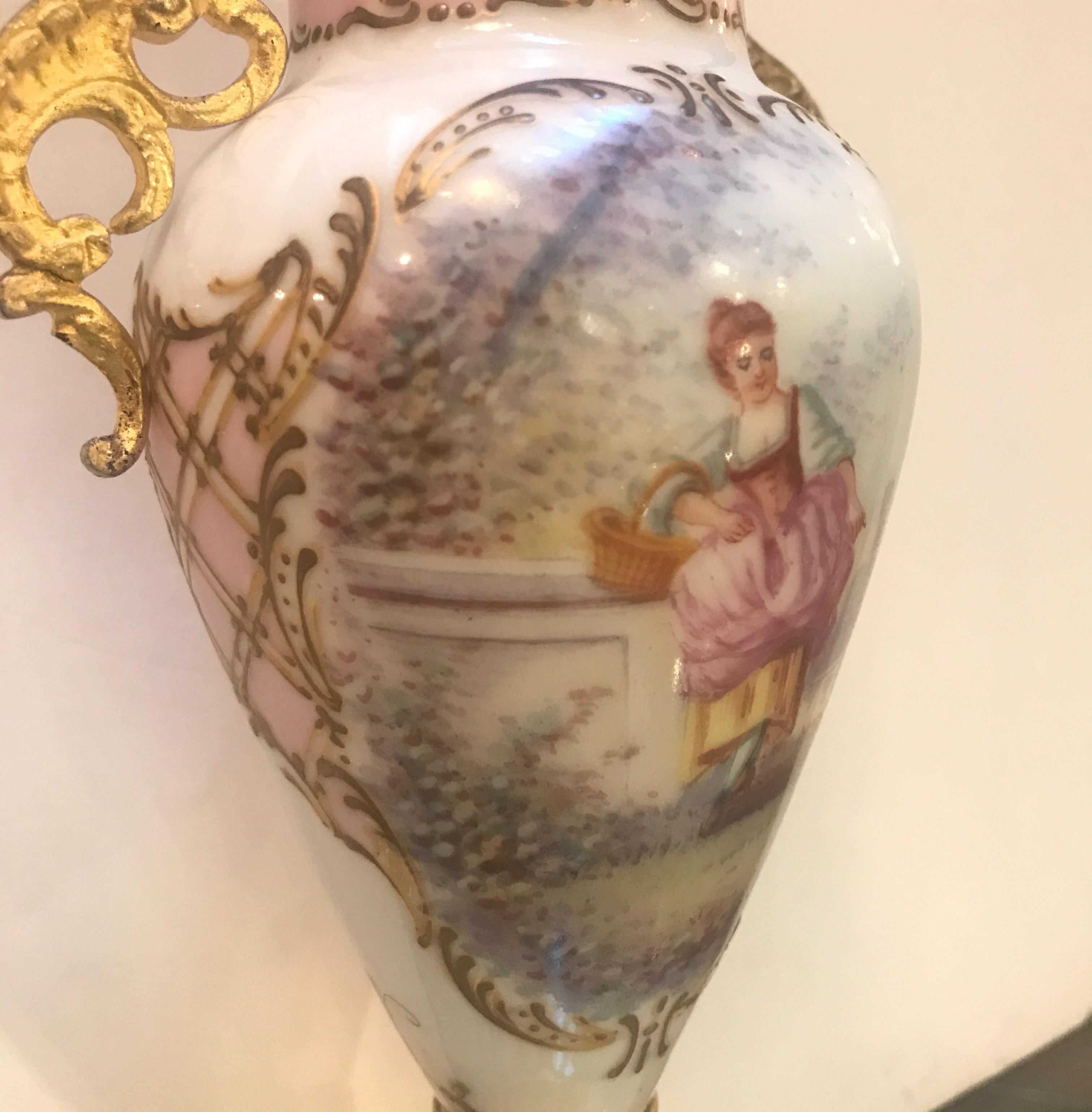 French, 19th Century Small Porcelain and Ormolu Hand Painted Urn In Excellent Condition In Lambertville, NJ