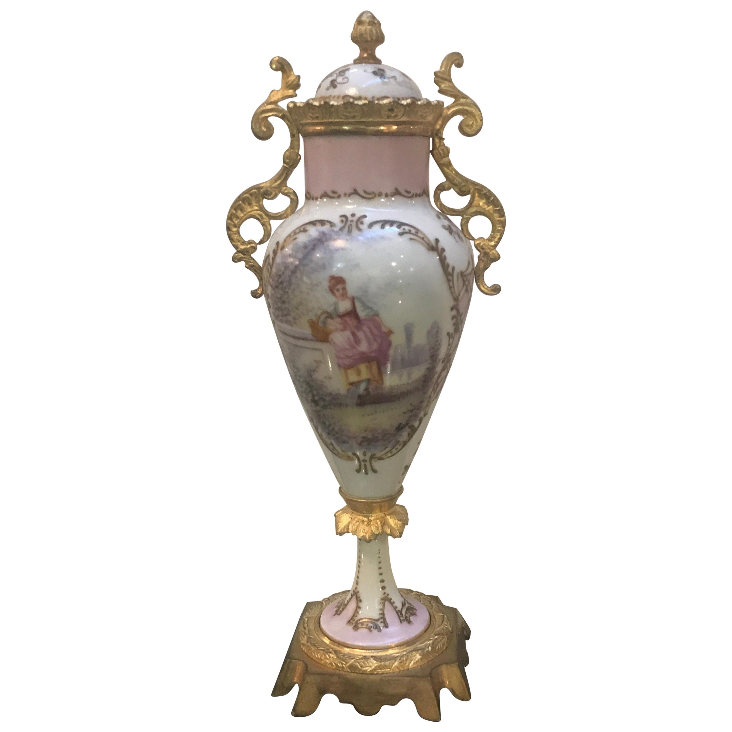 French, 19th Century Small Porcelain and Ormolu Hand Painted Urn