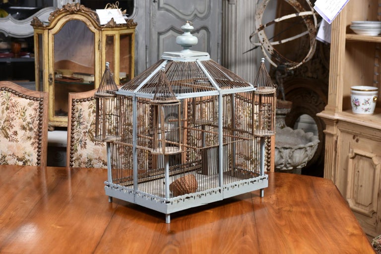 French 19th Century Soft Blue Painted Wood Castle Bird Cage with Four