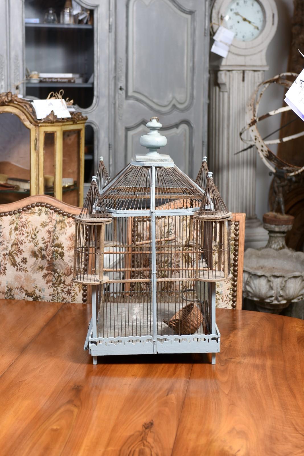 French 19th Century Soft Blue Painted Wood Castle Bird Cage with Four Turrets 5