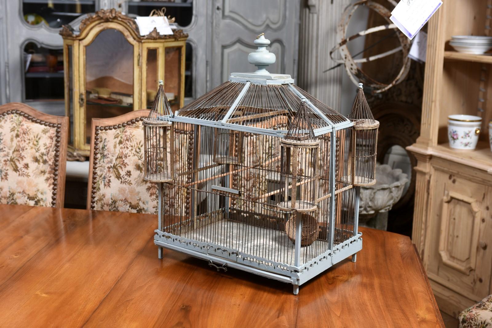 French 19th Century Soft Blue Painted Wood Castle Bird Cage with Four Turrets 6