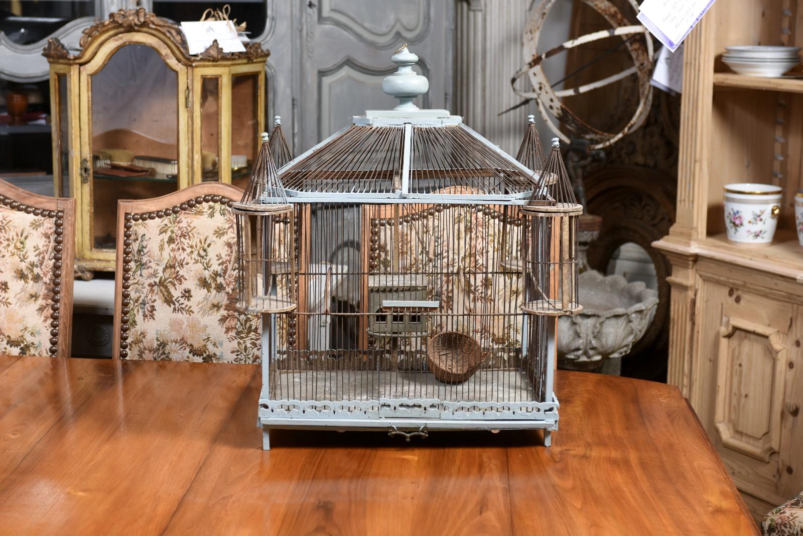 French 19th Century Soft Blue Painted Wood Castle Bird Cage with Four Turrets 7