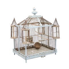 French 19th Century Soft Blue Painted Wood Castle Bird Cage with Four Turrets