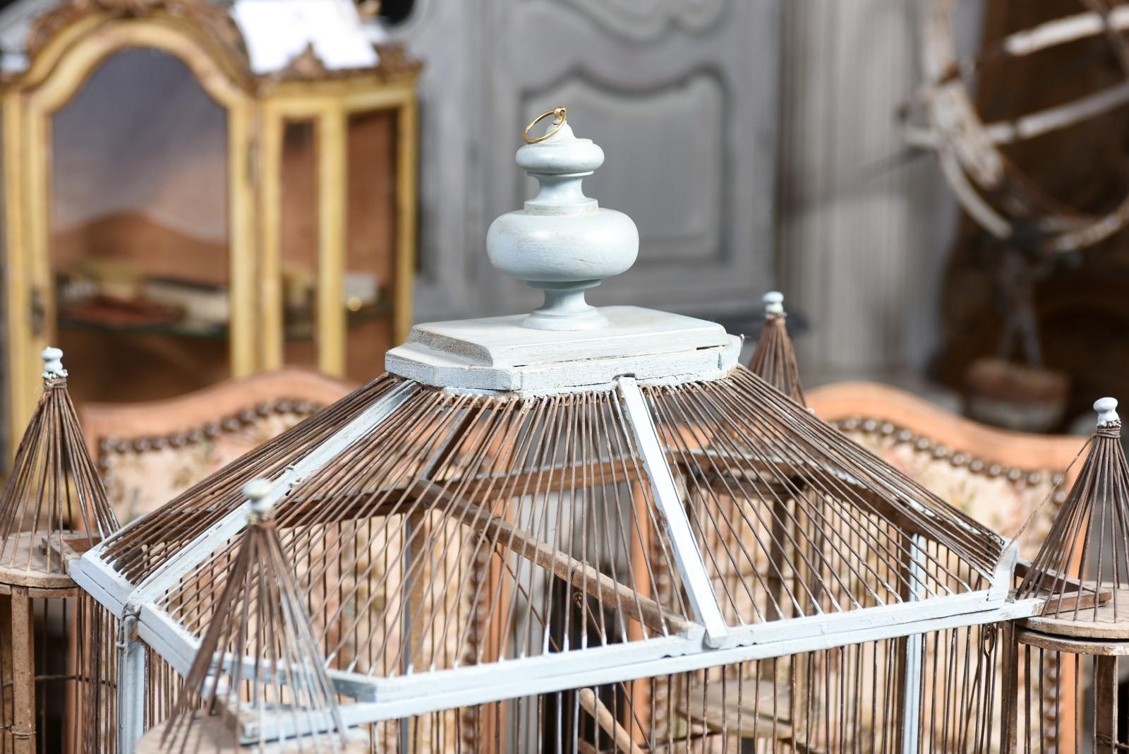 French 19th Century Soft Blue Painted Wood Castle Bird Cage with Four Turrets In Good Condition In Atlanta, GA