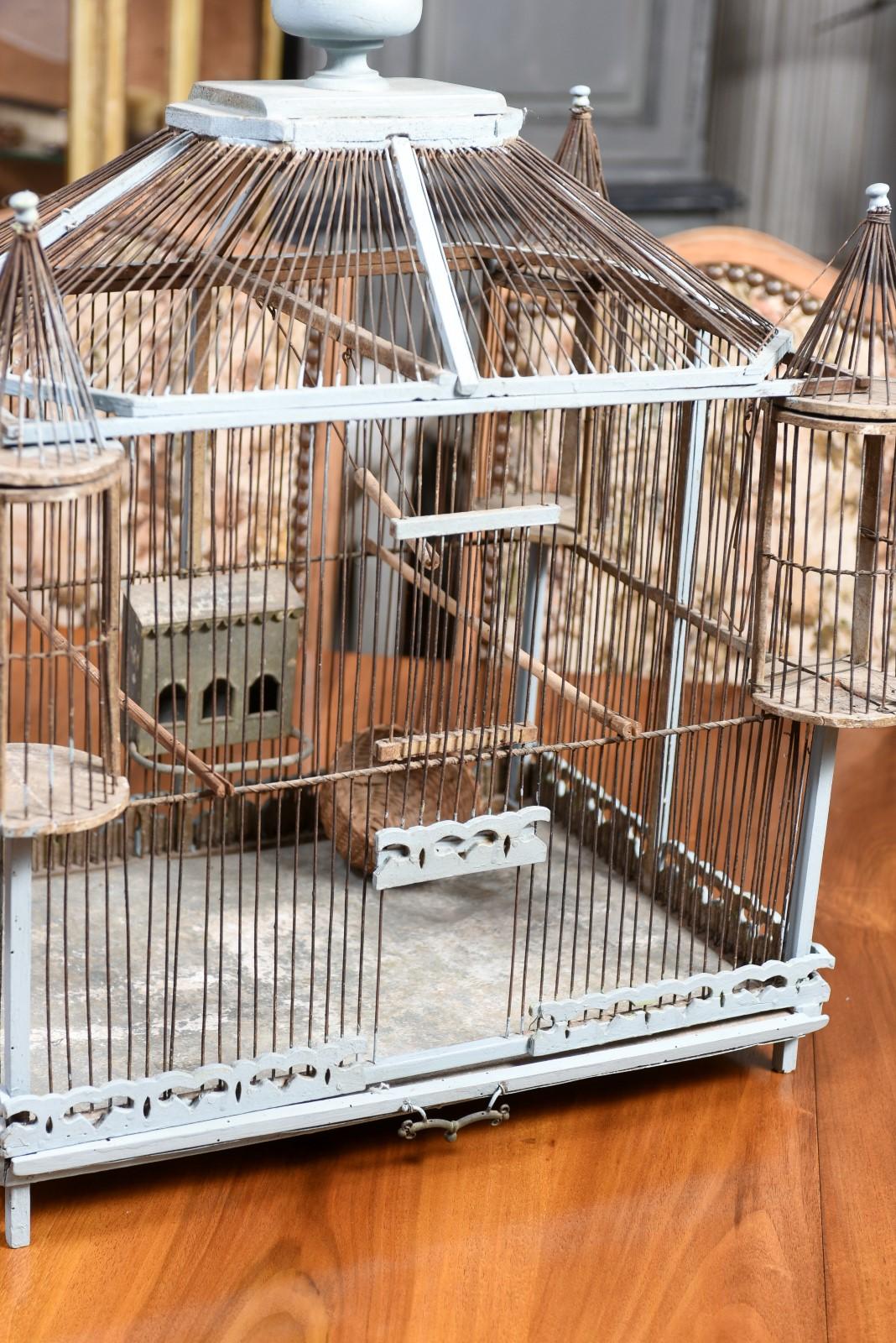 Metal French 19th Century Soft Blue Painted Wood Castle Bird Cage with Four Turrets