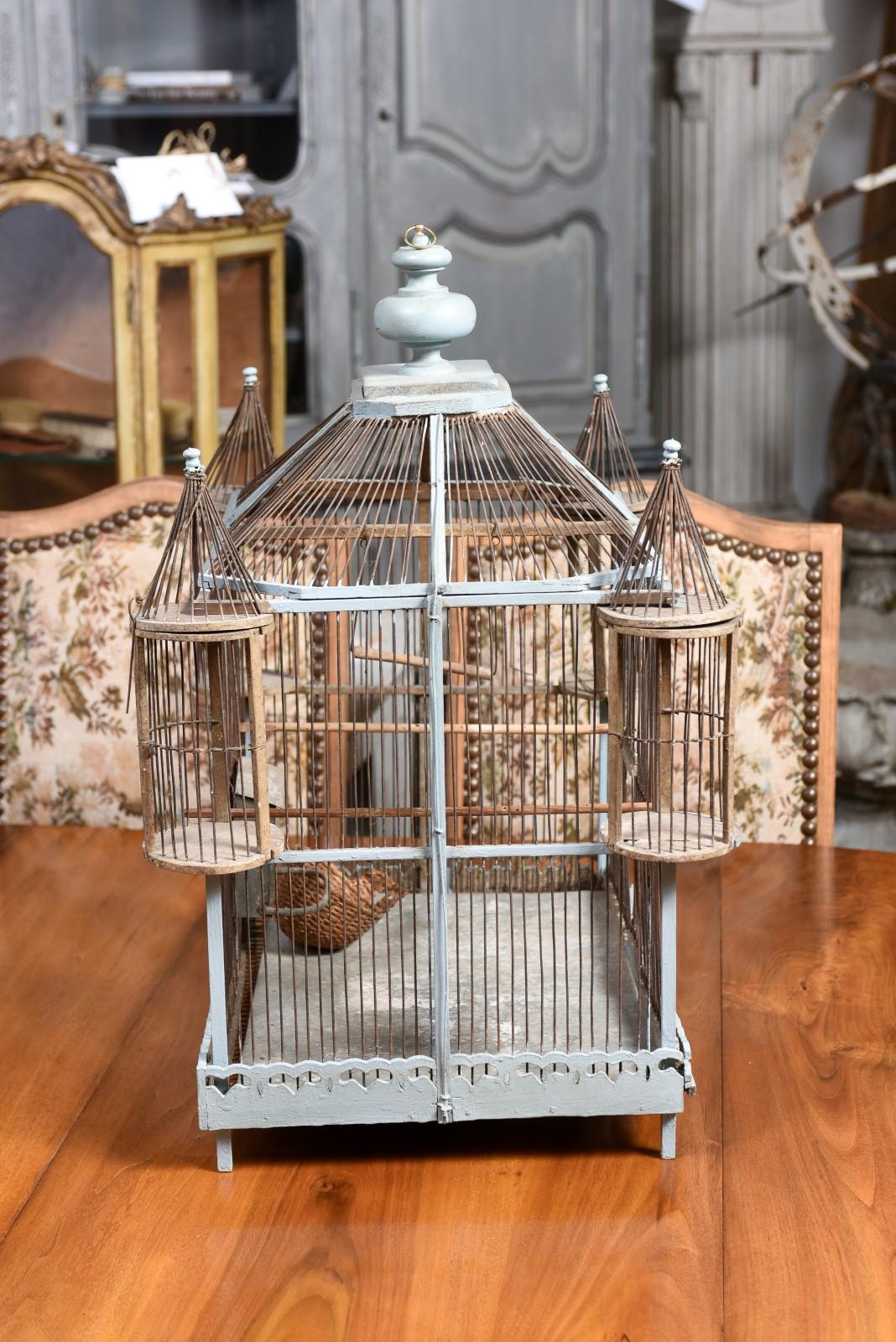 French 19th Century Soft Blue Painted Wood Castle Bird Cage with Four Turrets 1