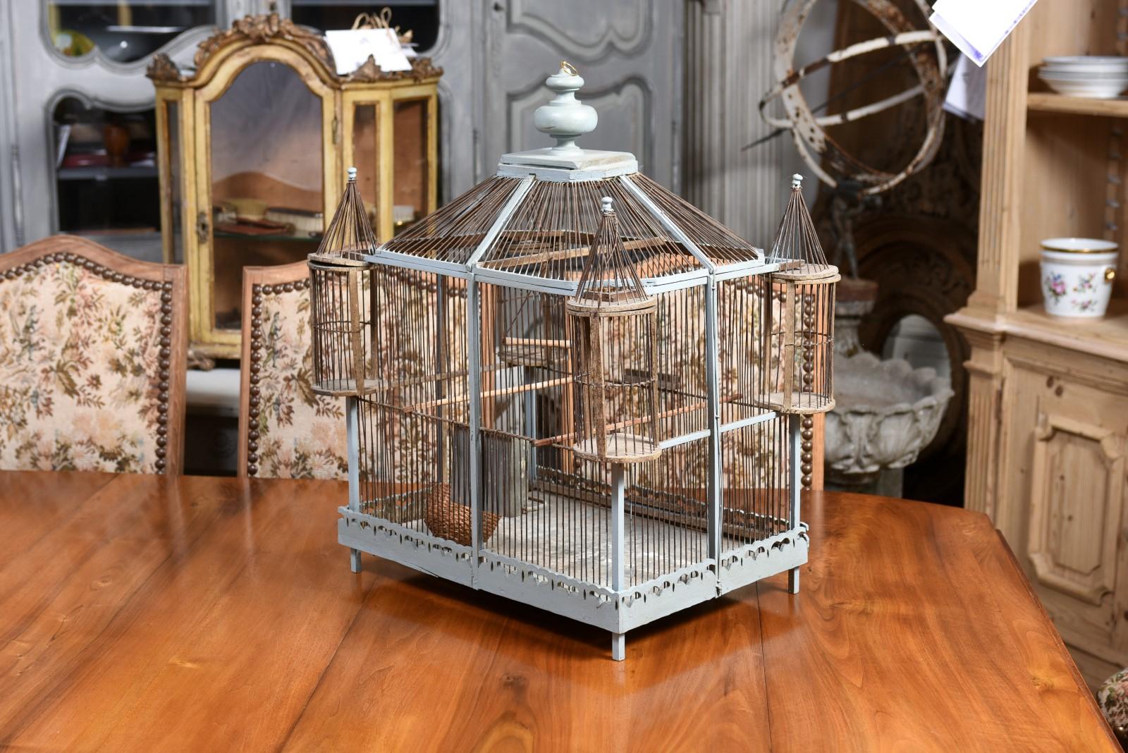 French 19th Century Soft Blue Painted Wood Castle Bird Cage with Four Turrets 2