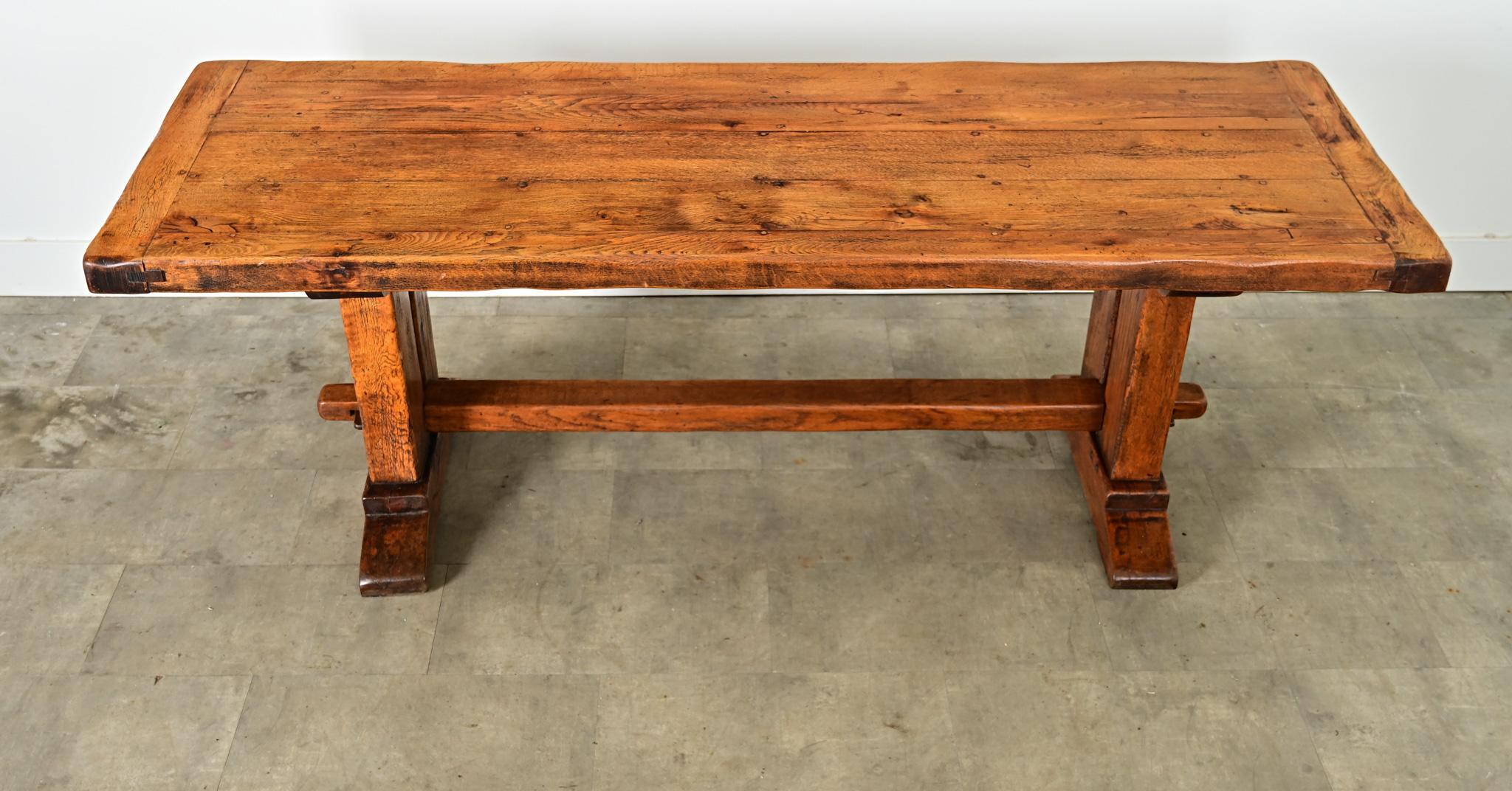 French Provincial French 19th Century Solid Oak Trestle Base Table For Sale
