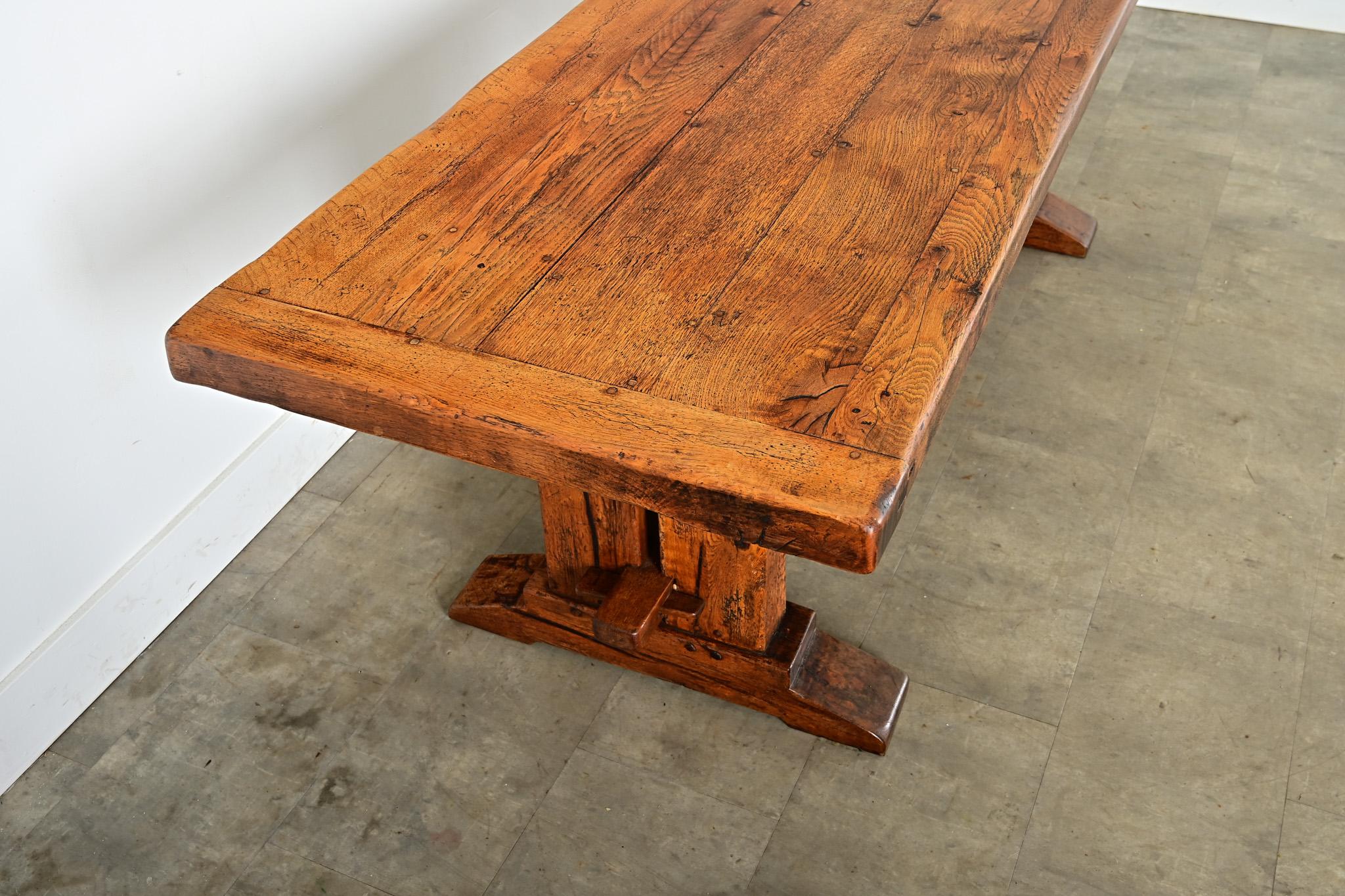 Carved French 19th Century Solid Oak Trestle Base Table For Sale