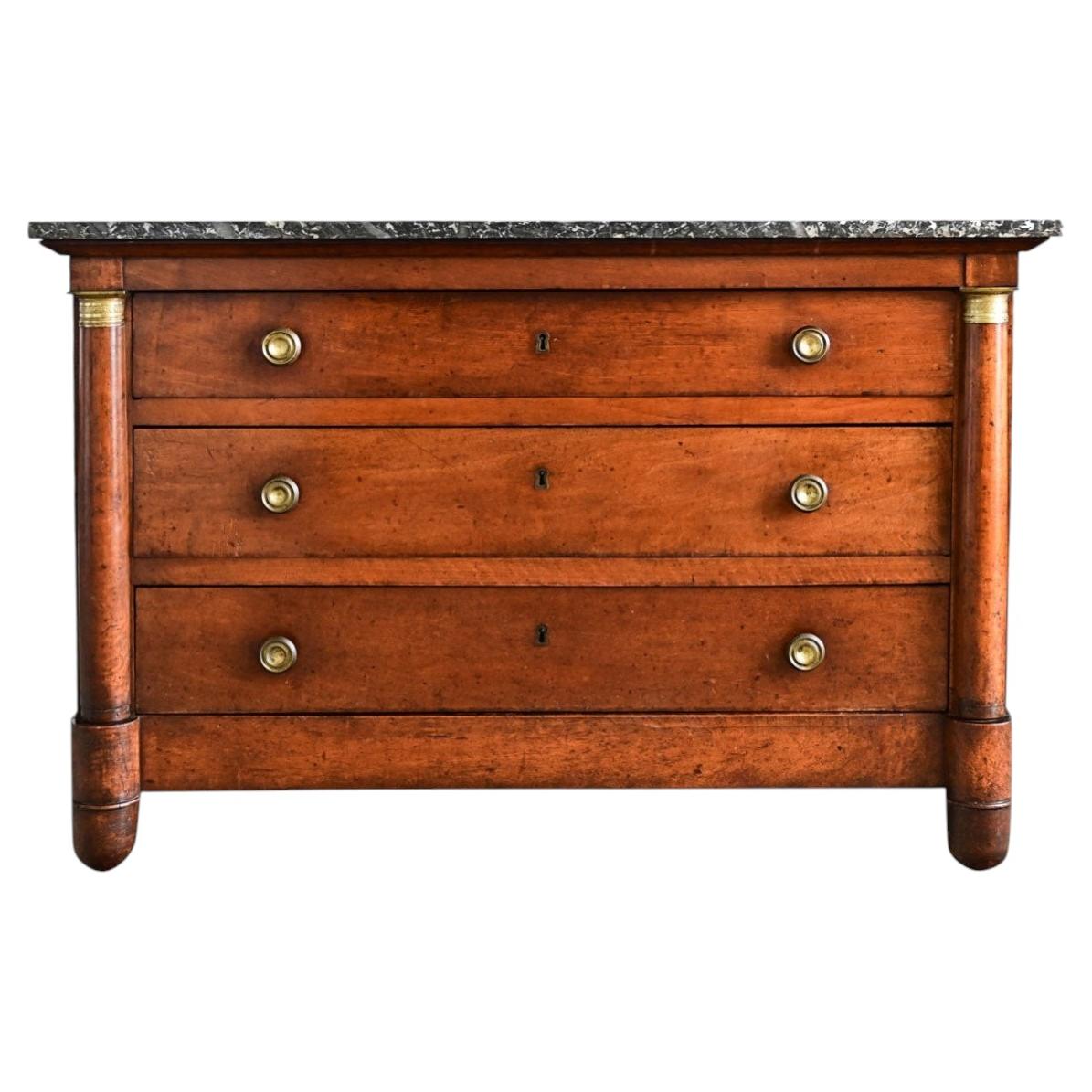 French Empire Walnut Commode with Saint Anne Marble Top, 19th Century For Sale
