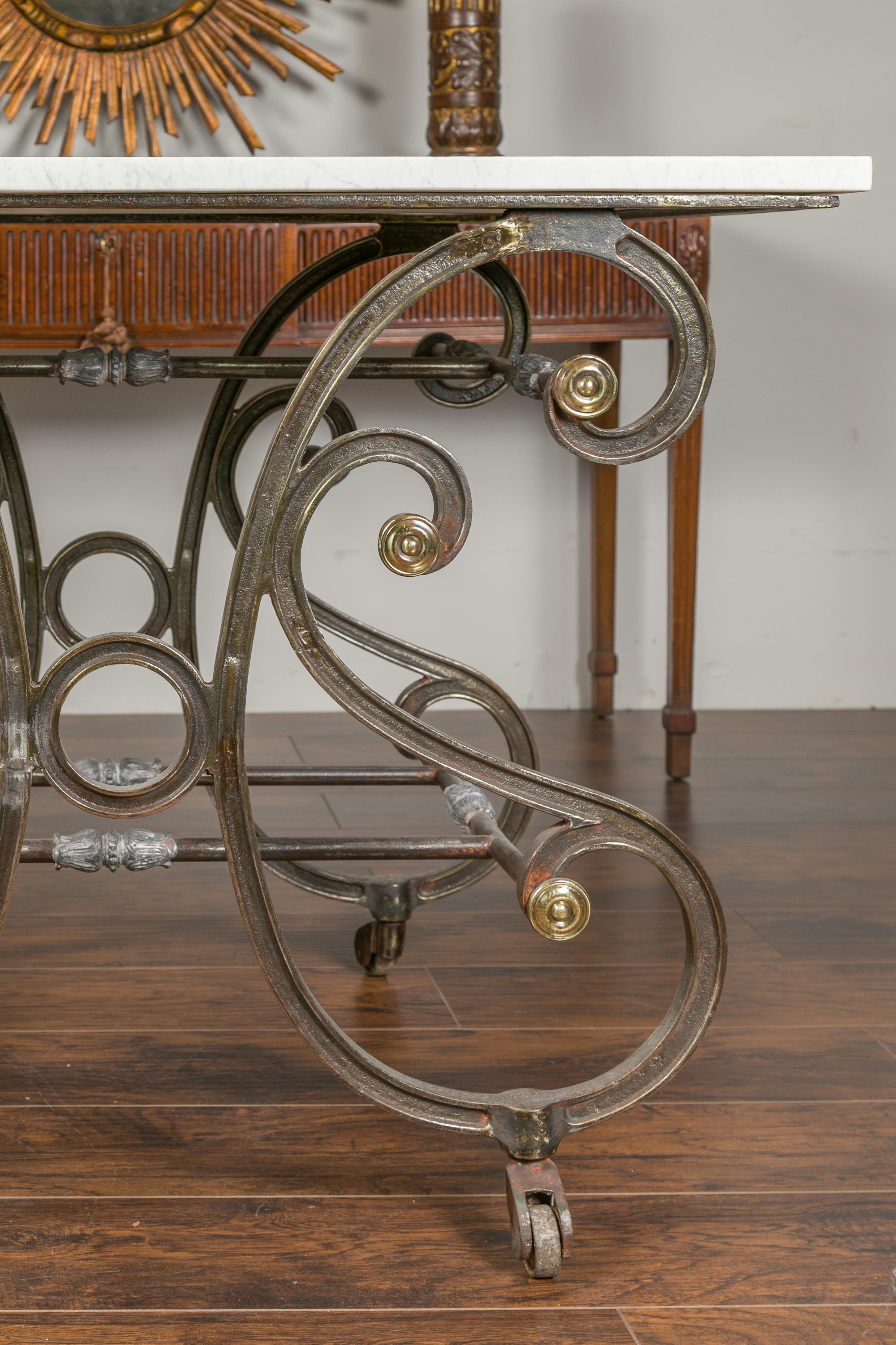 French 19th Century Steel and Brass Baker's Table with White Marble Top 1