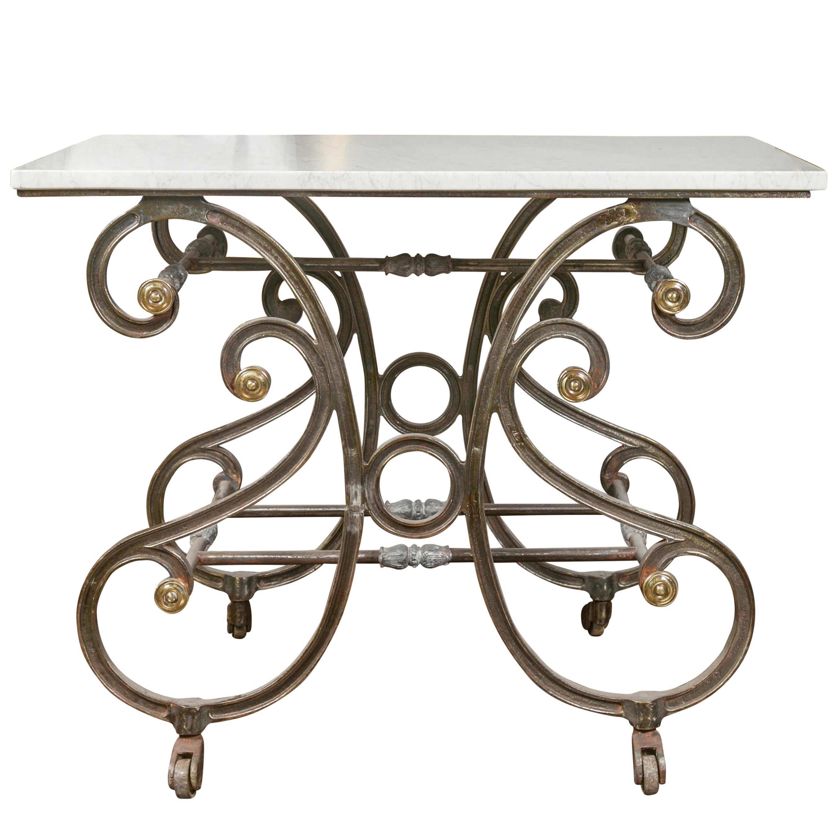 French 19th Century Steel and Brass Baker's Table with White Marble Top