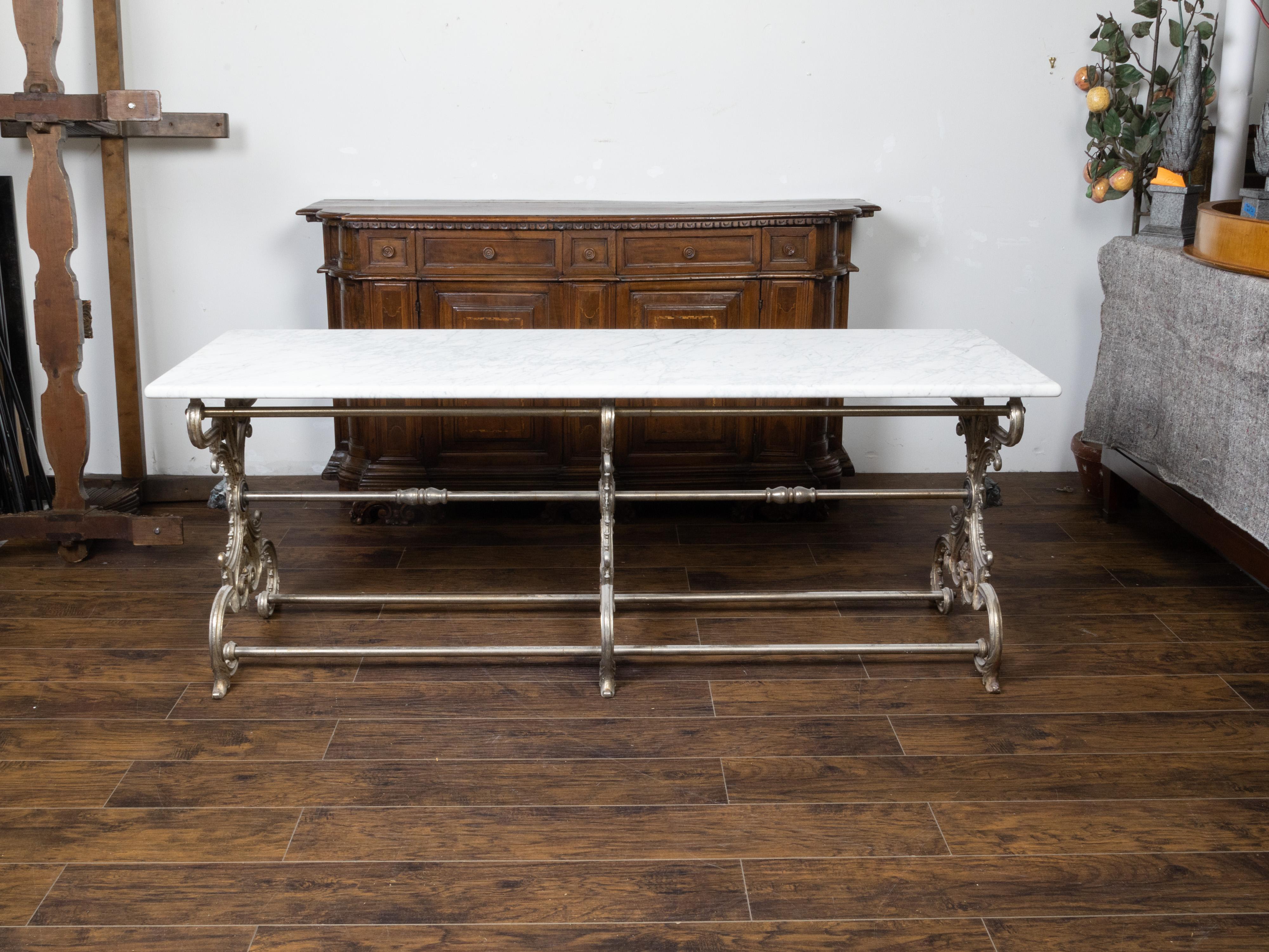 French 19th Century Steel and Marble Top Butcher's Table with Scrolling Base In Good Condition In Atlanta, GA