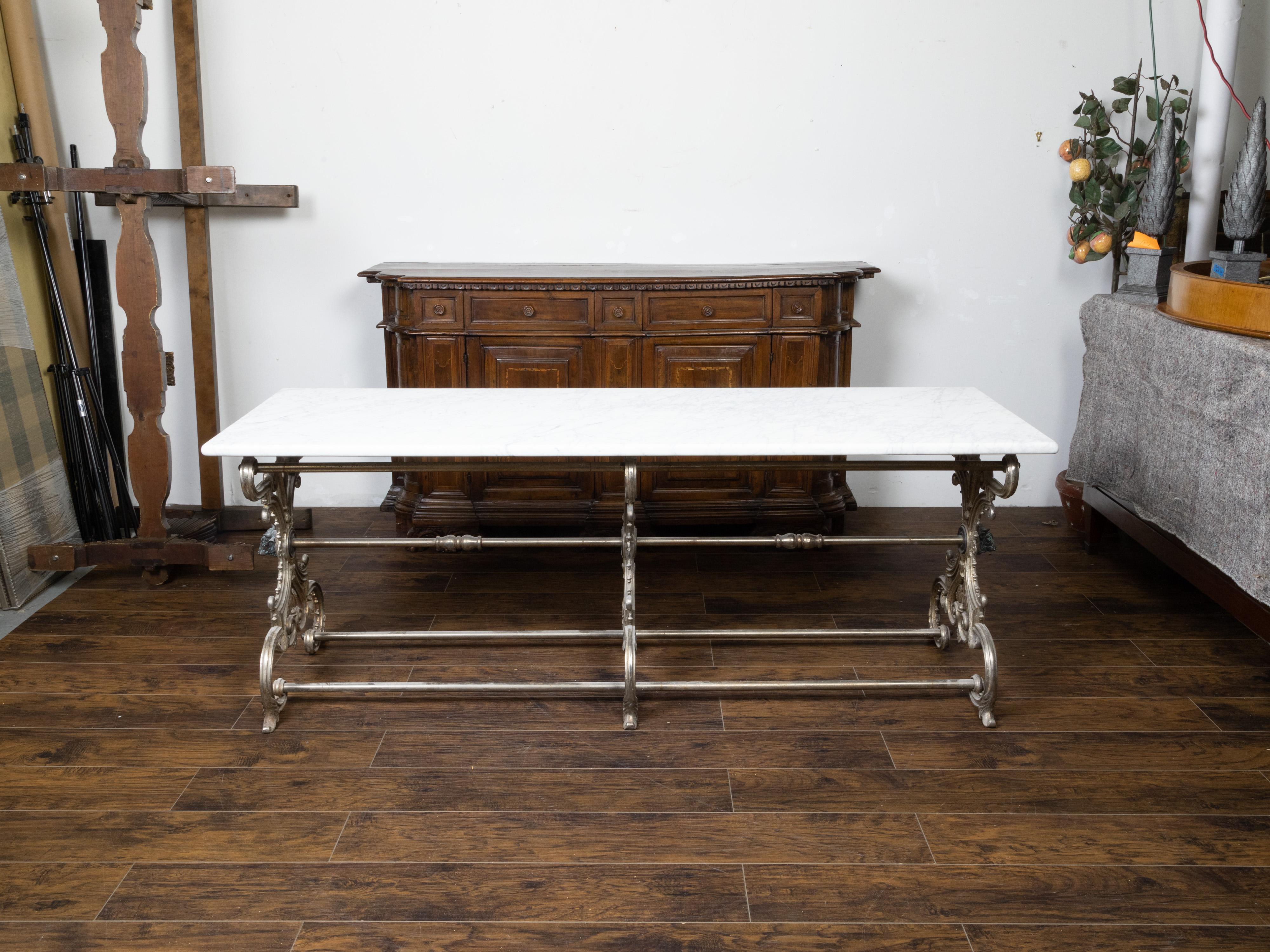 French 19th Century Steel and Marble Top Butcher's Table with Scrolling Base 1