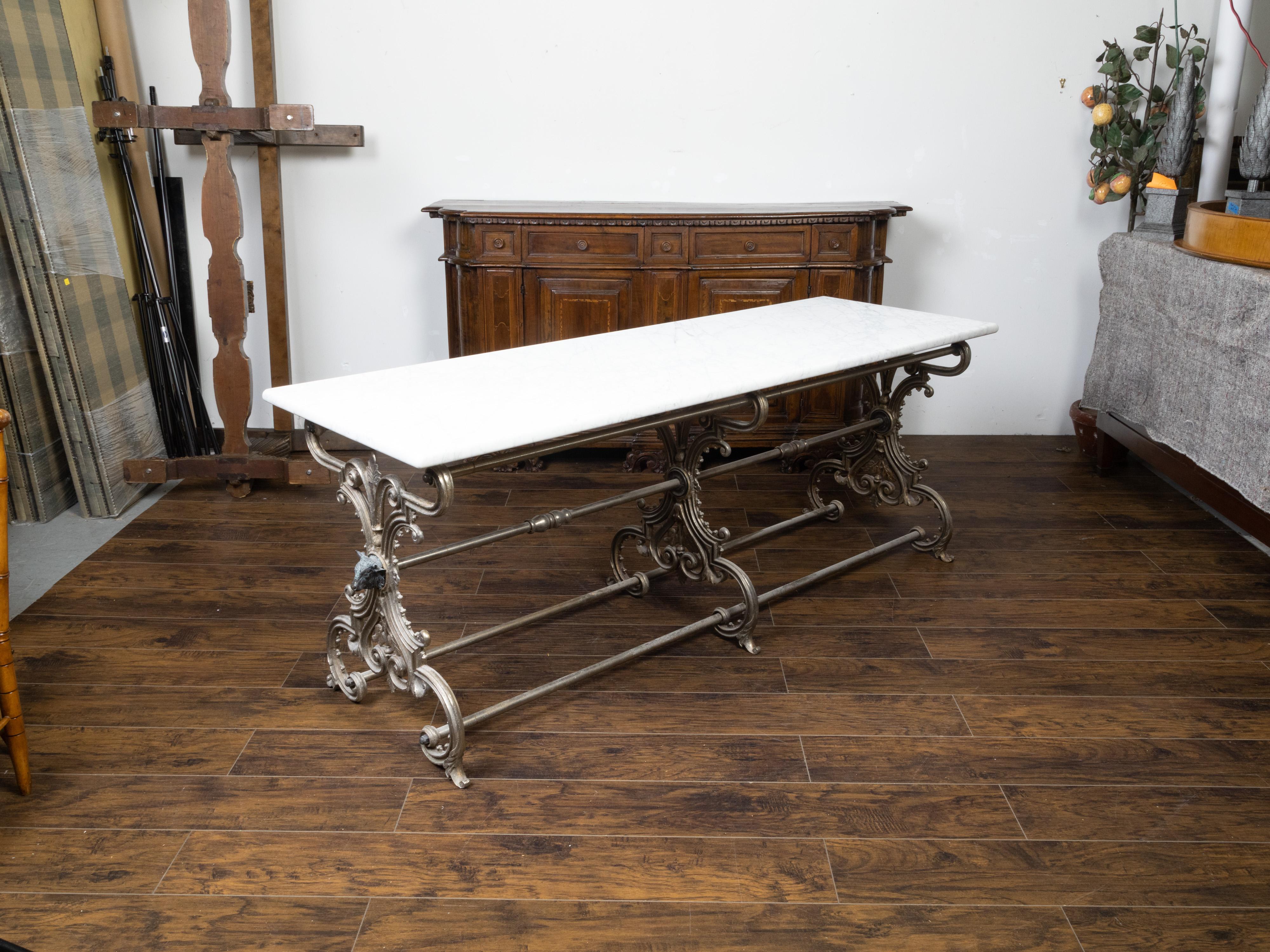 French 19th Century Steel and Marble Top Butcher's Table with Scrolling Base 4