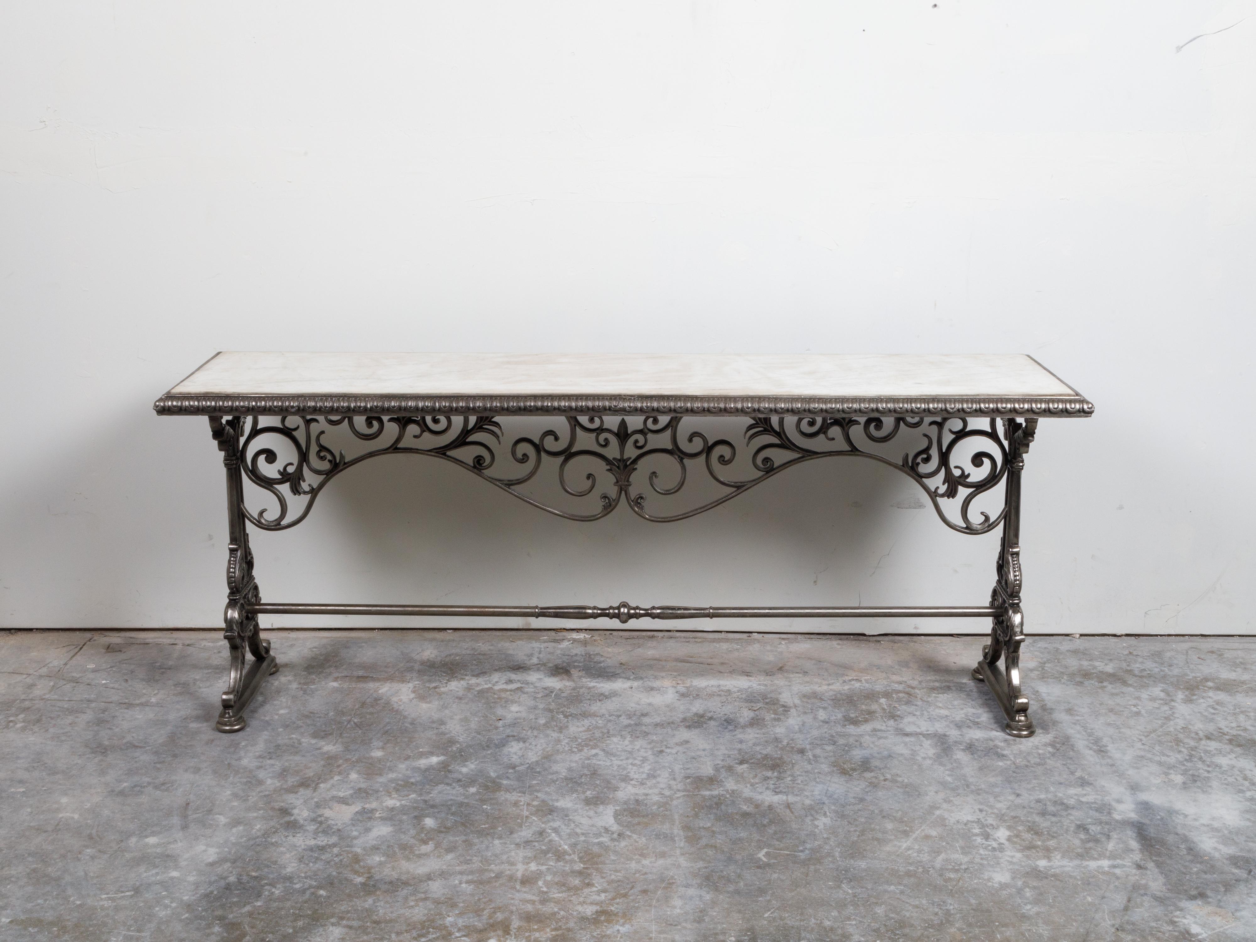 French 19th Century Steel Pastry Table with Marble Top and Scrolling Accents 10