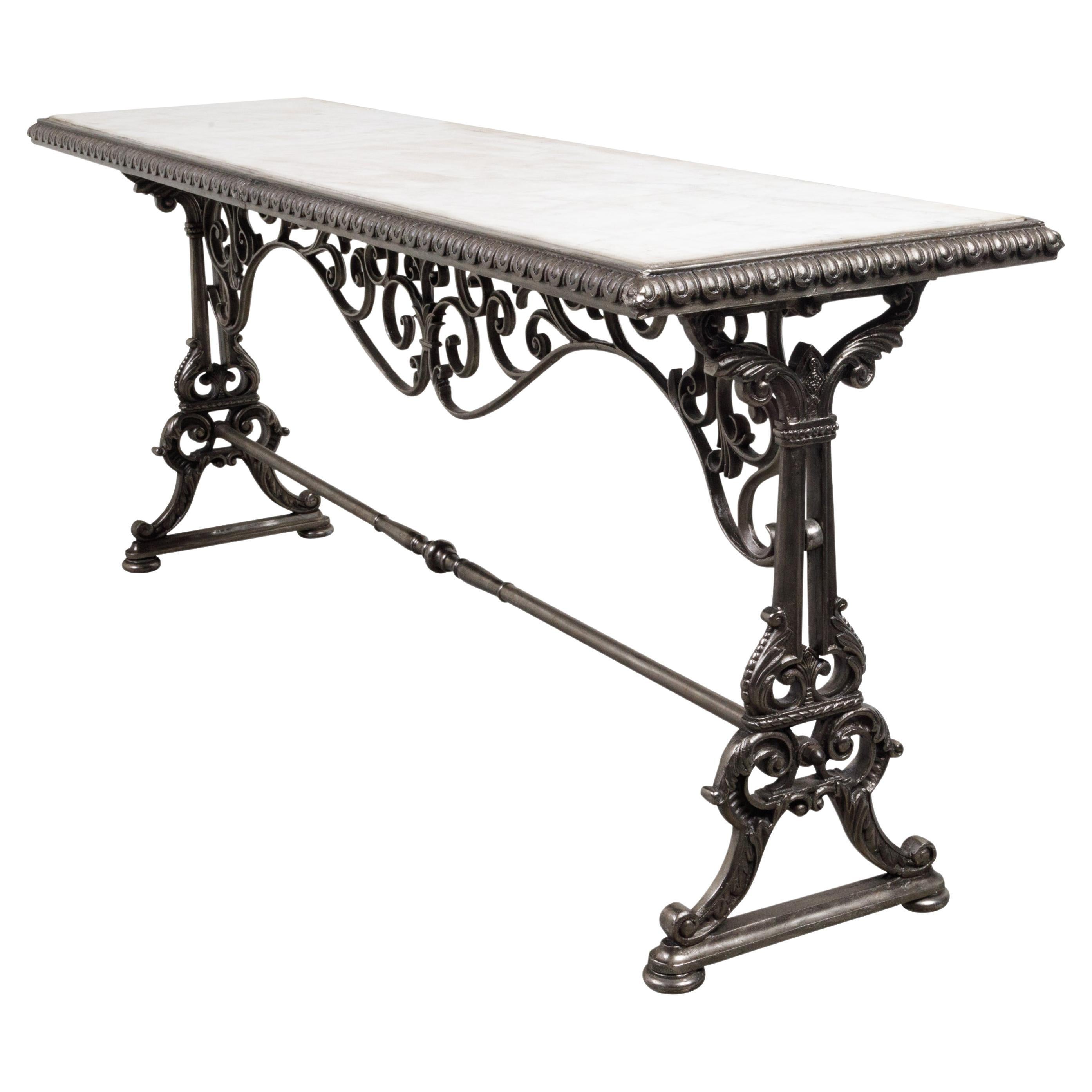 French 19th Century Steel Pastry Table with Marble Top and Scrolling Accents