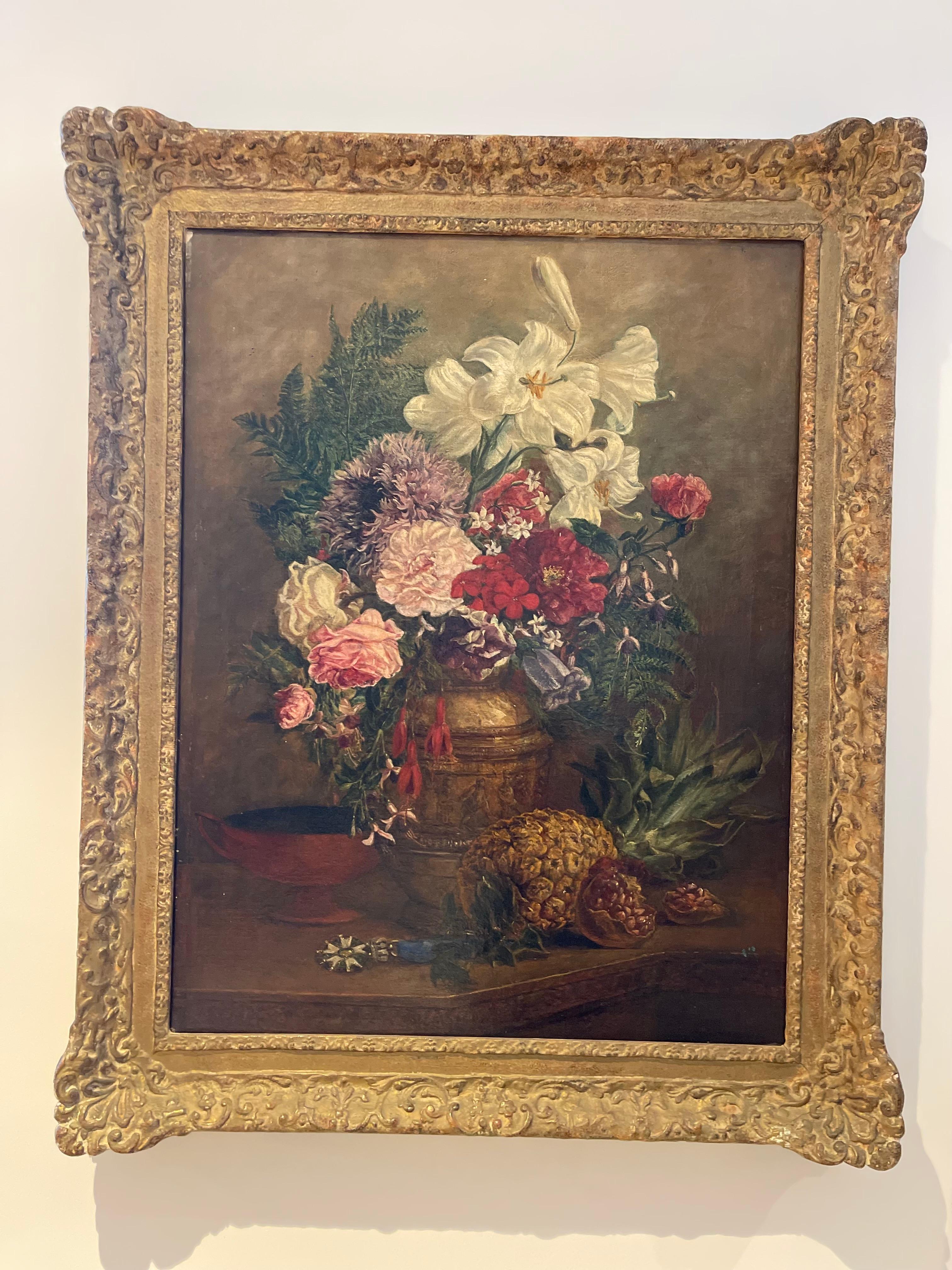 French 19th Century Still life Oil on Canvas. Fruit, Vase, Medal and a spray of Flowers. 
Indistinct Signature lower R/H. Follower of Henri Fantin-Latour 1836-1904. 
80cm x 65cm.