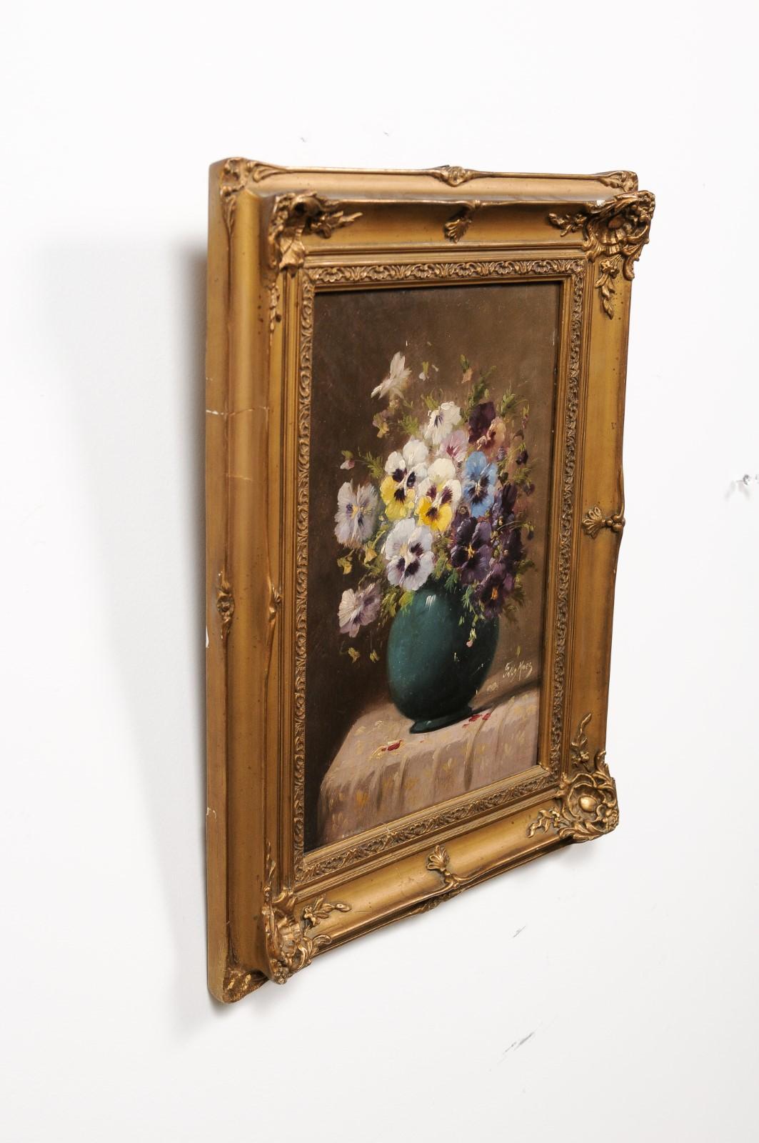 French 19th Century Still-Life Oil Painting Depicting Pansies in Giltwood Frame For Sale 5