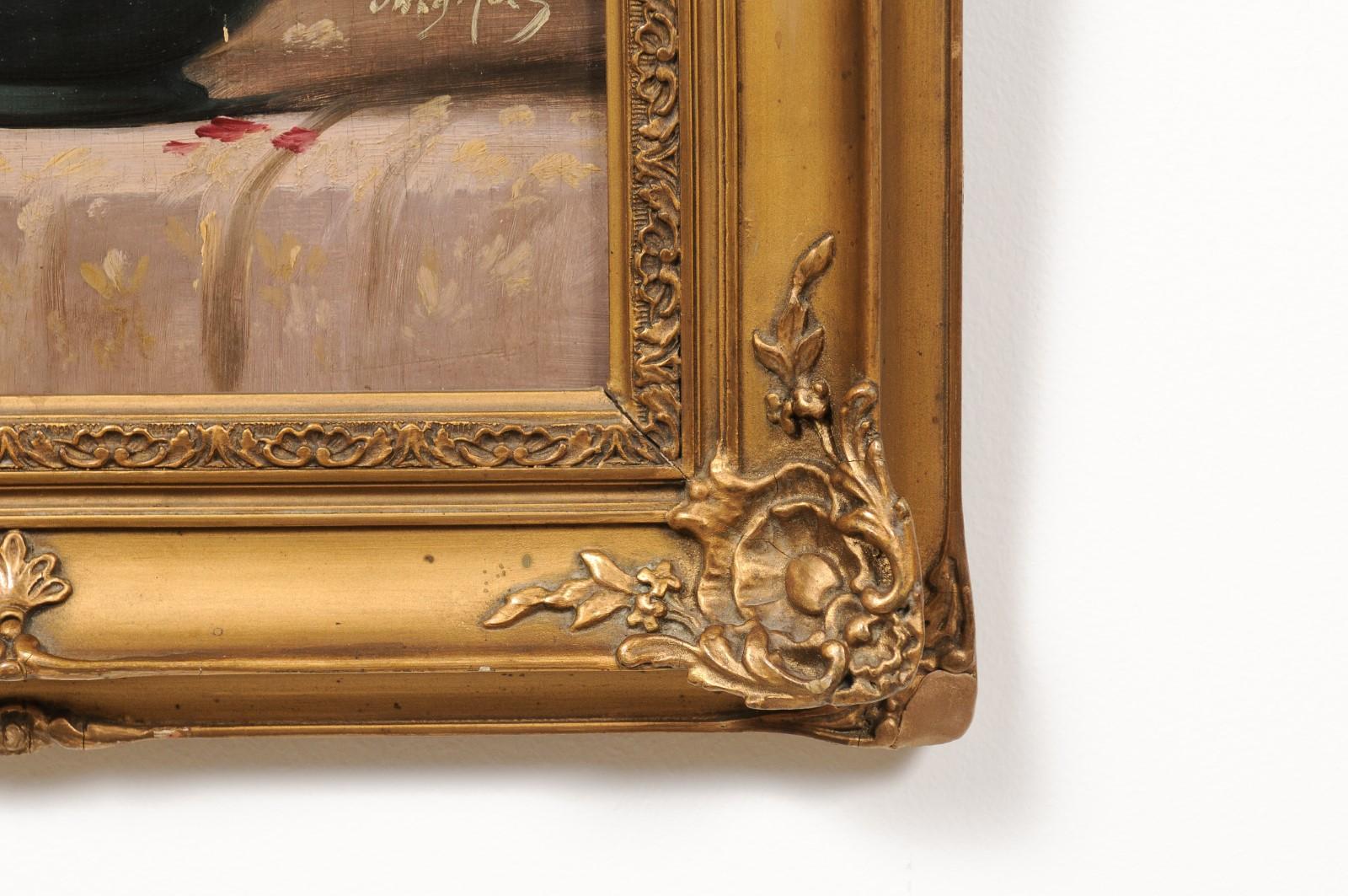 Carved French 19th Century Still-Life Oil Painting Depicting Pansies in Giltwood Frame For Sale