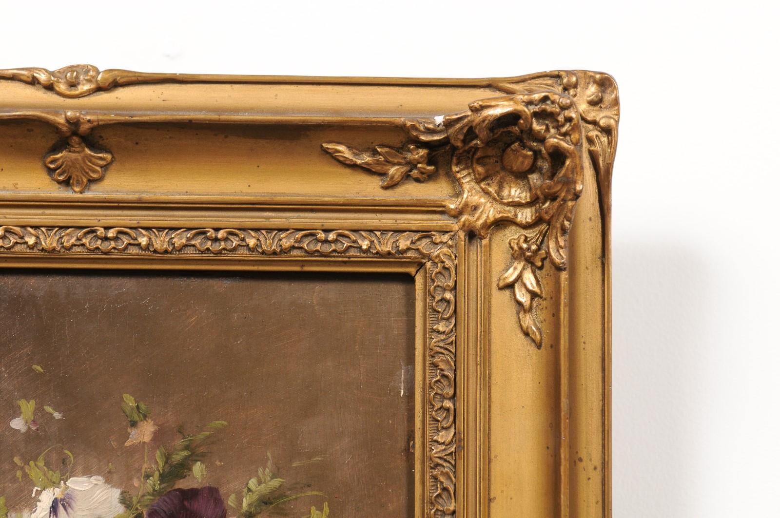 French 19th Century Still-Life Oil Painting Depicting Pansies in Giltwood Frame In Good Condition For Sale In Atlanta, GA