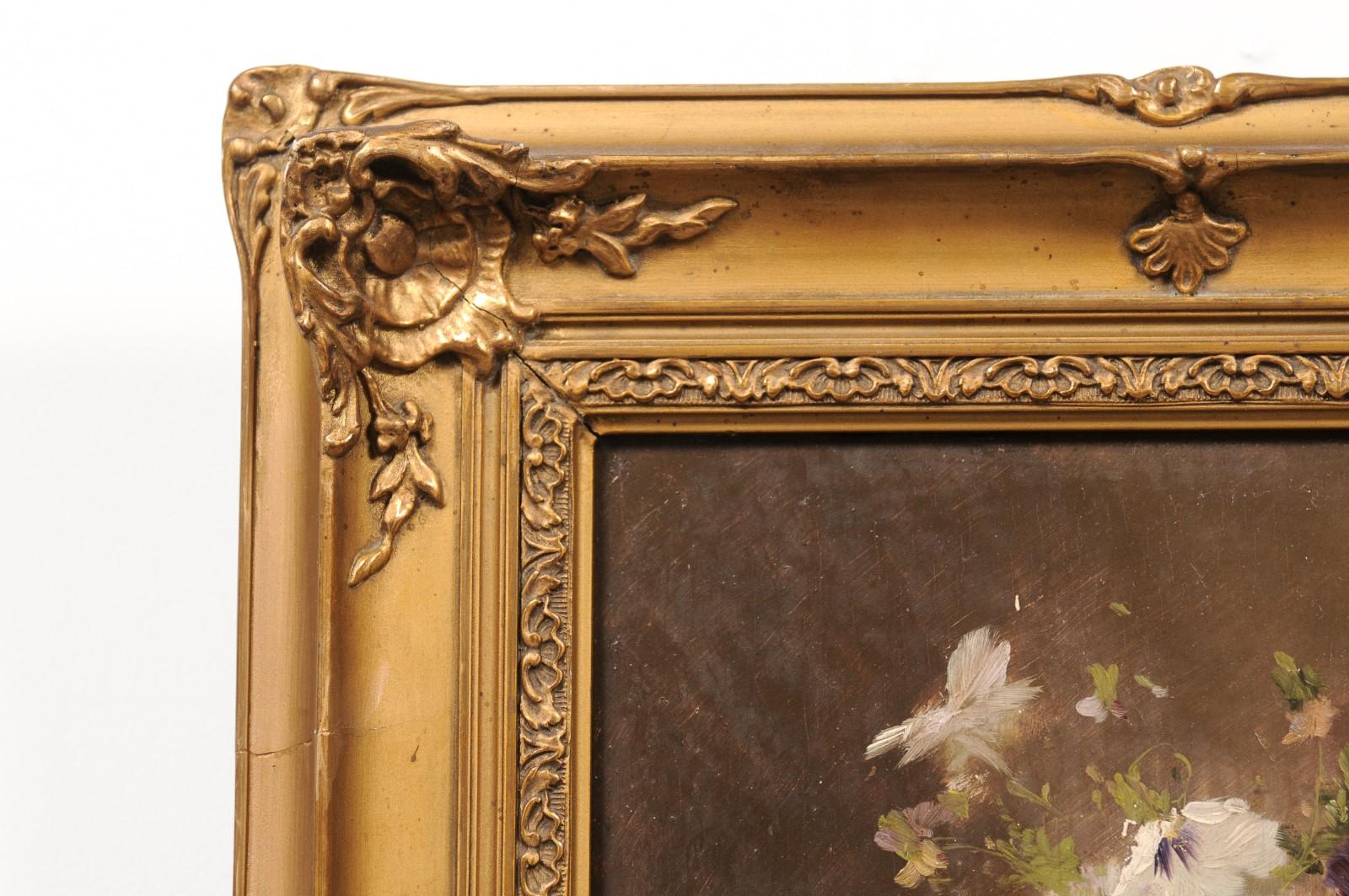 Wood French 19th Century Still-Life Oil Painting Depicting Pansies in Giltwood Frame For Sale