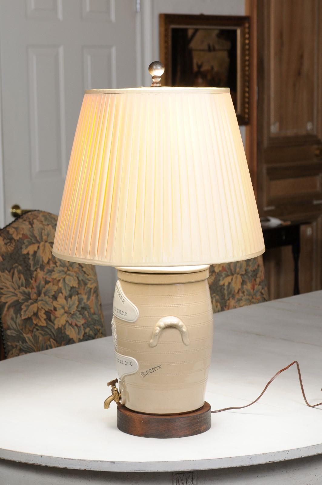 French 19th Century Stoneware Spirit Barrel Made into a Table Lamp with Shade In Good Condition In Atlanta, GA
