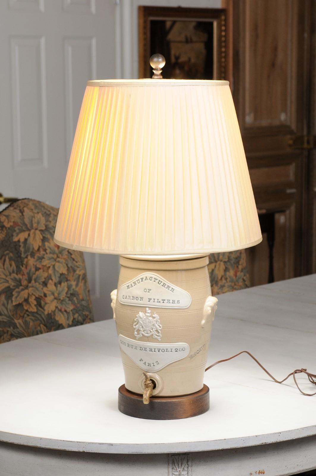 French 19th Century Stoneware Spirit Barrel Made into a Table Lamp with Shade 1
