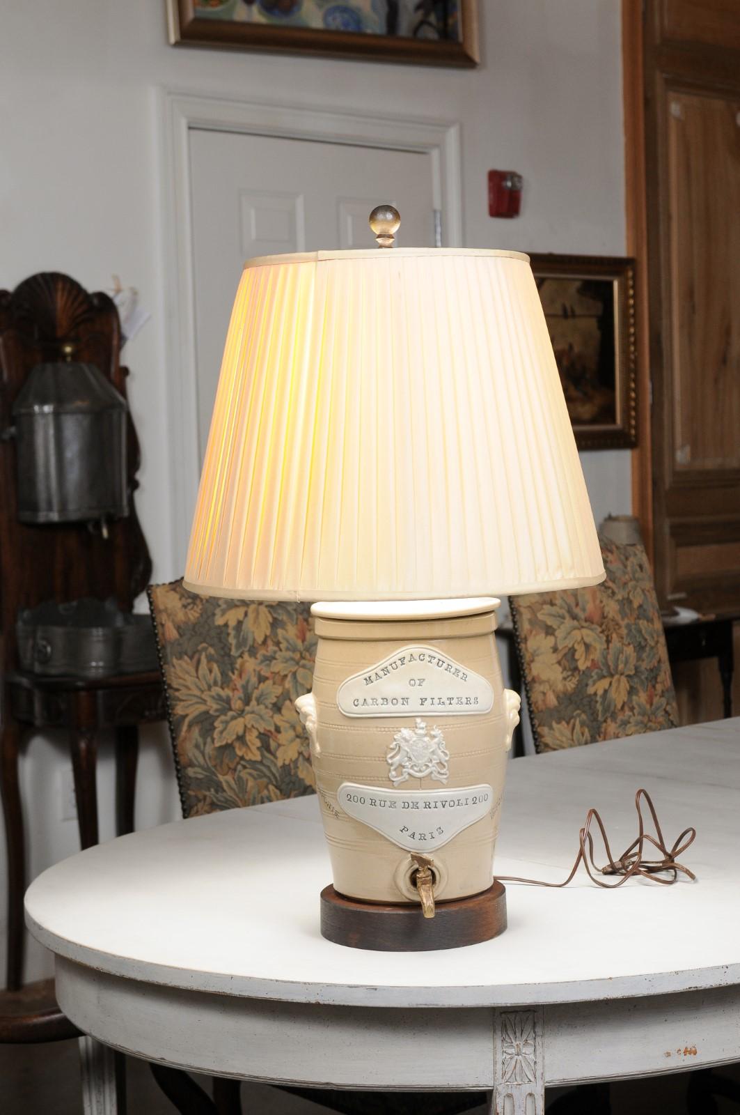 French 19th Century Stoneware Spirit Barrel Made into a Table Lamp with Shade 2