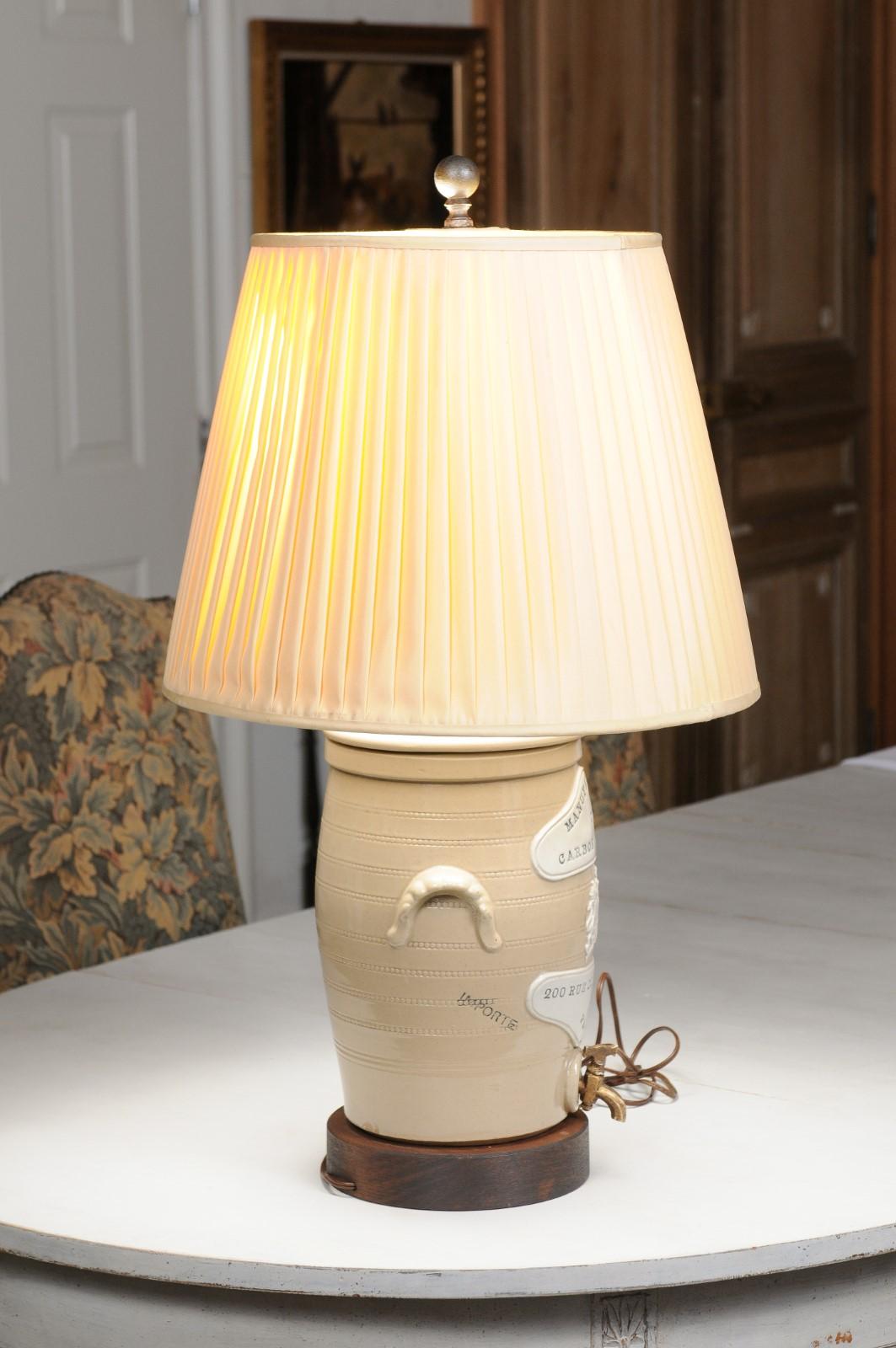 French 19th Century Stoneware Spirit Barrel Made into a Table Lamp with Shade 6