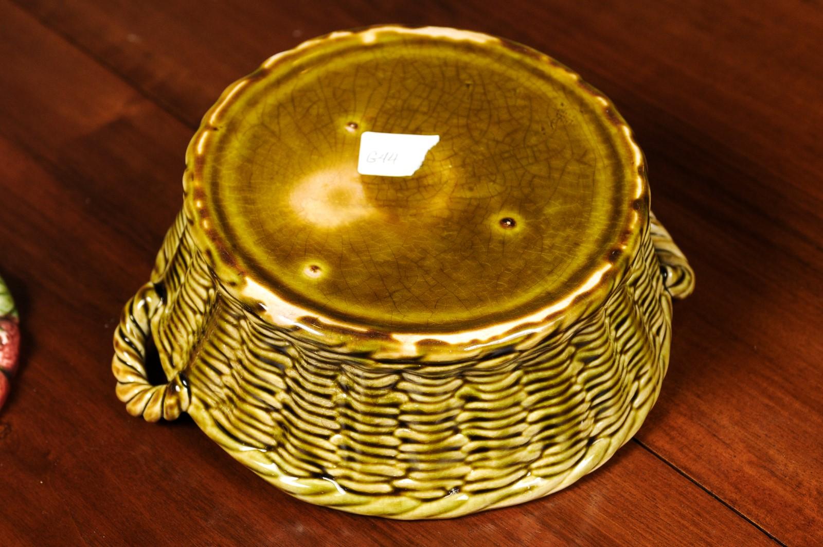 French 19th Century Strawberry and Wicker Basket Pottery Dish with Lid 4