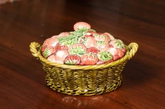 French 19th Century Strawberry and Wicker Basket Pottery Dish with Lid
