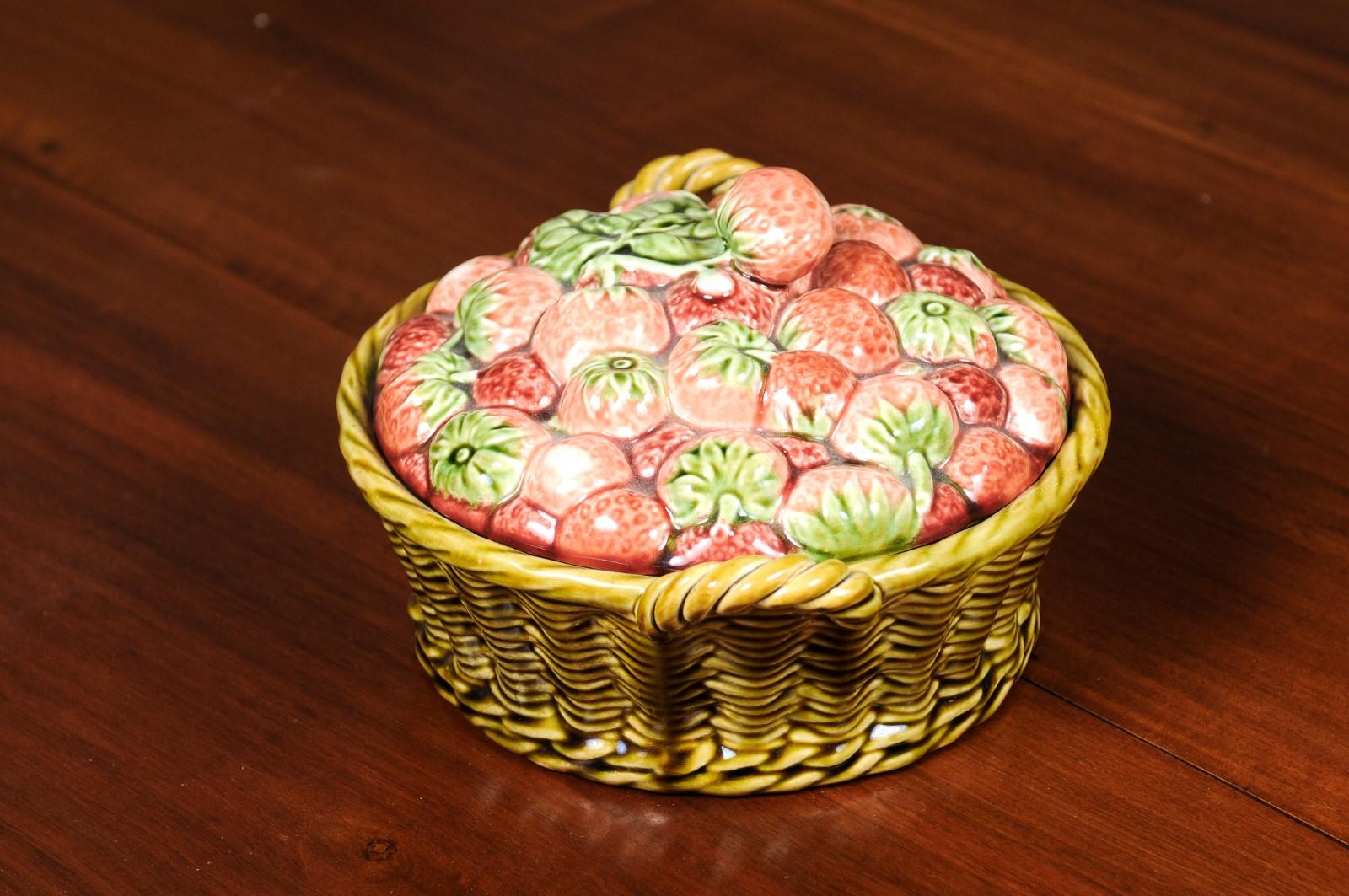 French 19th Century Strawberry and Wicker Basket Pottery Dish with Lid 1
