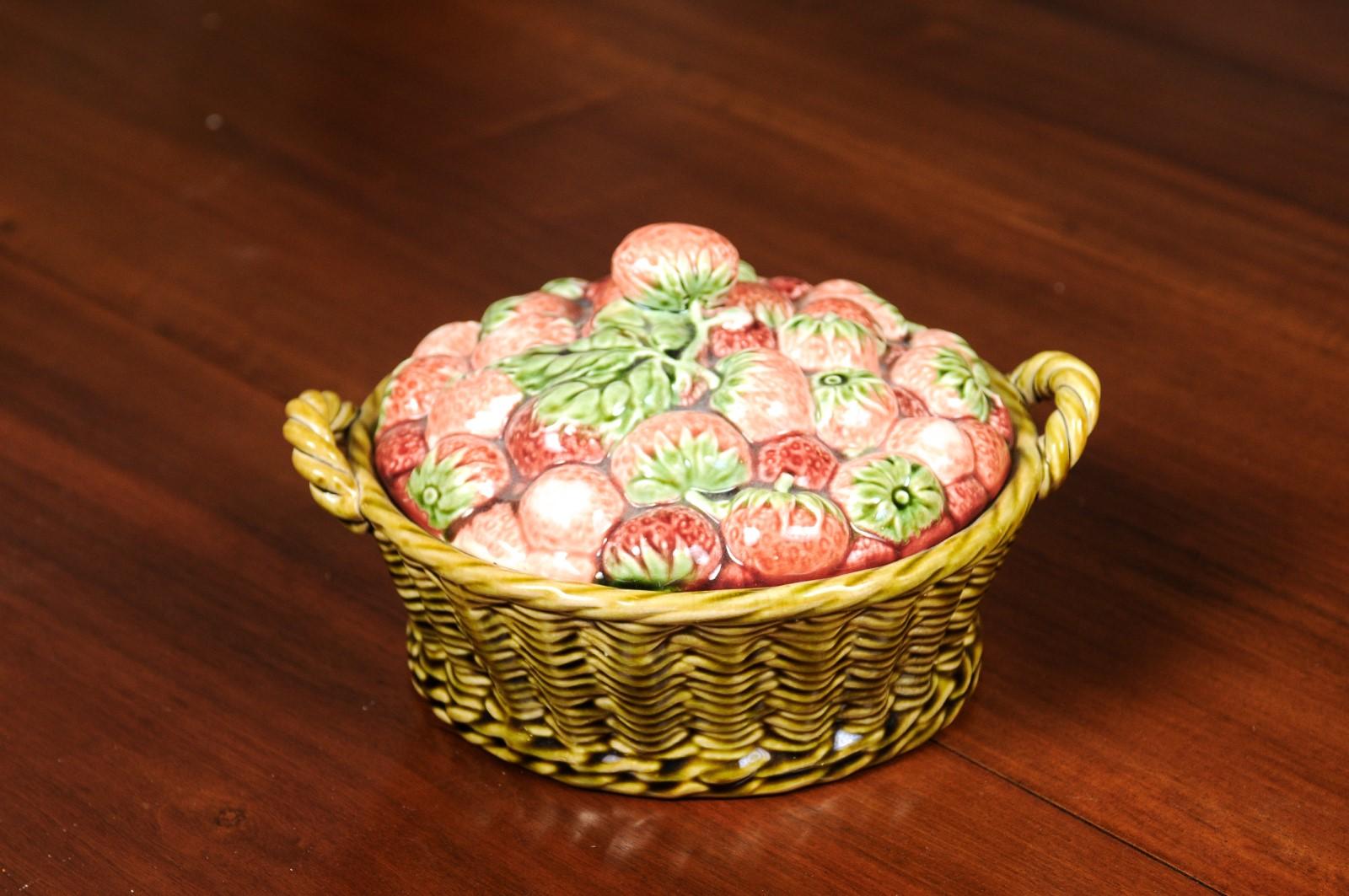 French 19th Century Strawberry and Wicker Basket Pottery Dish with Lid 2