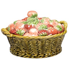 French 19th Century Strawberry and Wicker Basket Pottery Dish with Lid