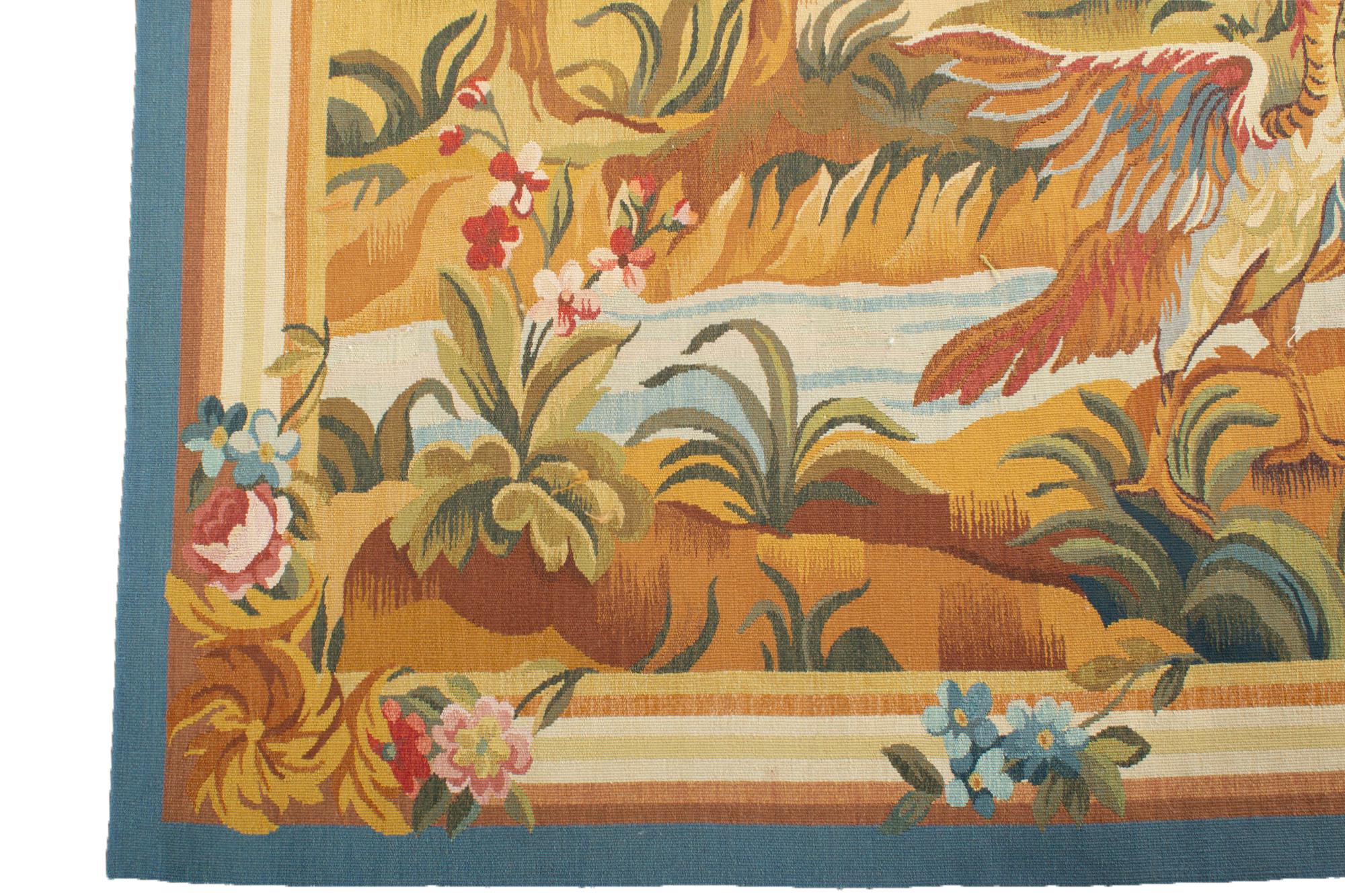 French 19th century style landscape tapestry. In the style of a French 19th century landscape tapestry with exotic birds, ducks and a stream. With a chateau in the background to complete this perfect picture of a country scene. Measures: 5' x 7'2