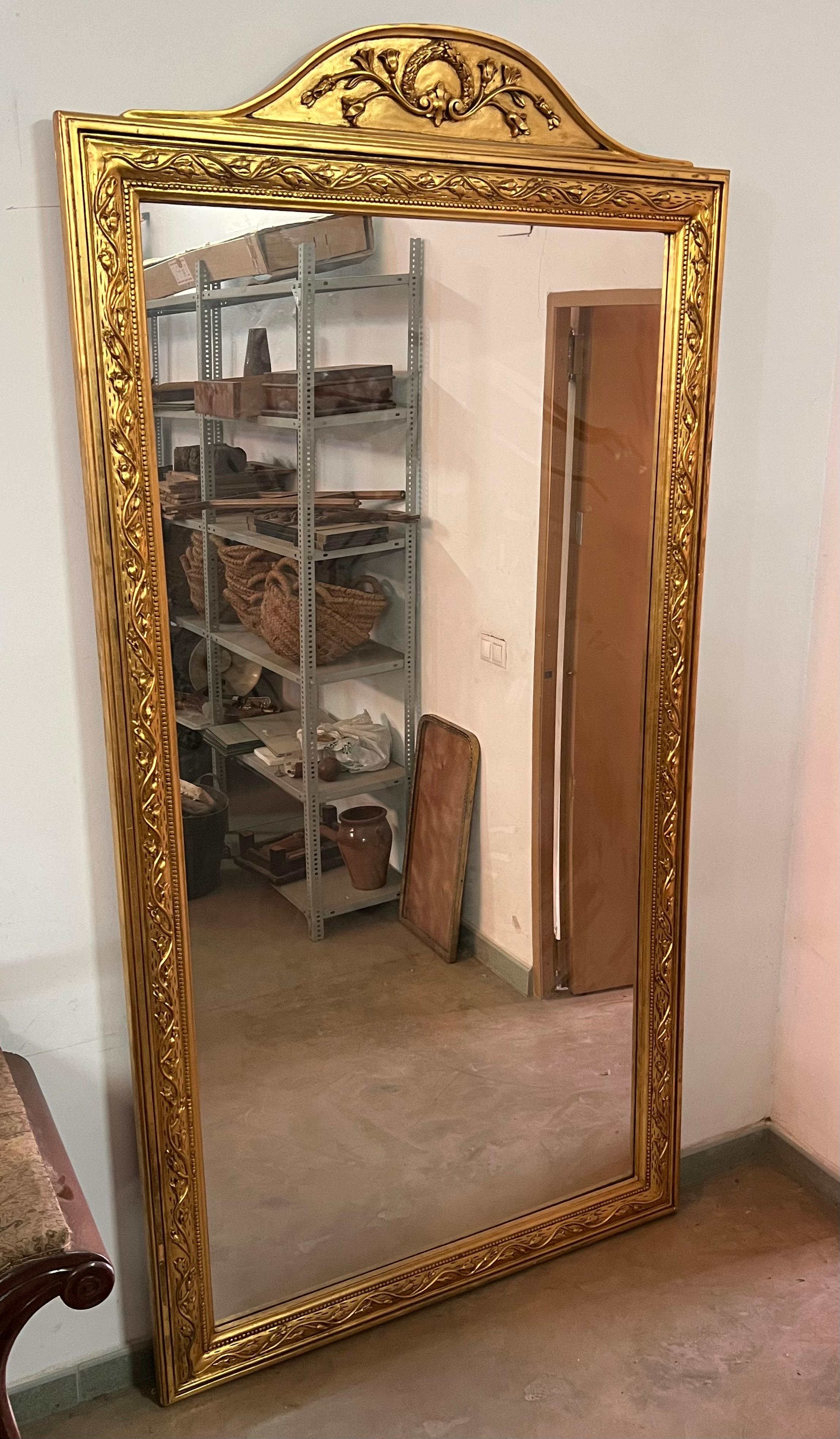 Giltwood French 19th Century Symmetrical Large Vertical Gold Gilt Mirror with crest 7.8Ft For Sale