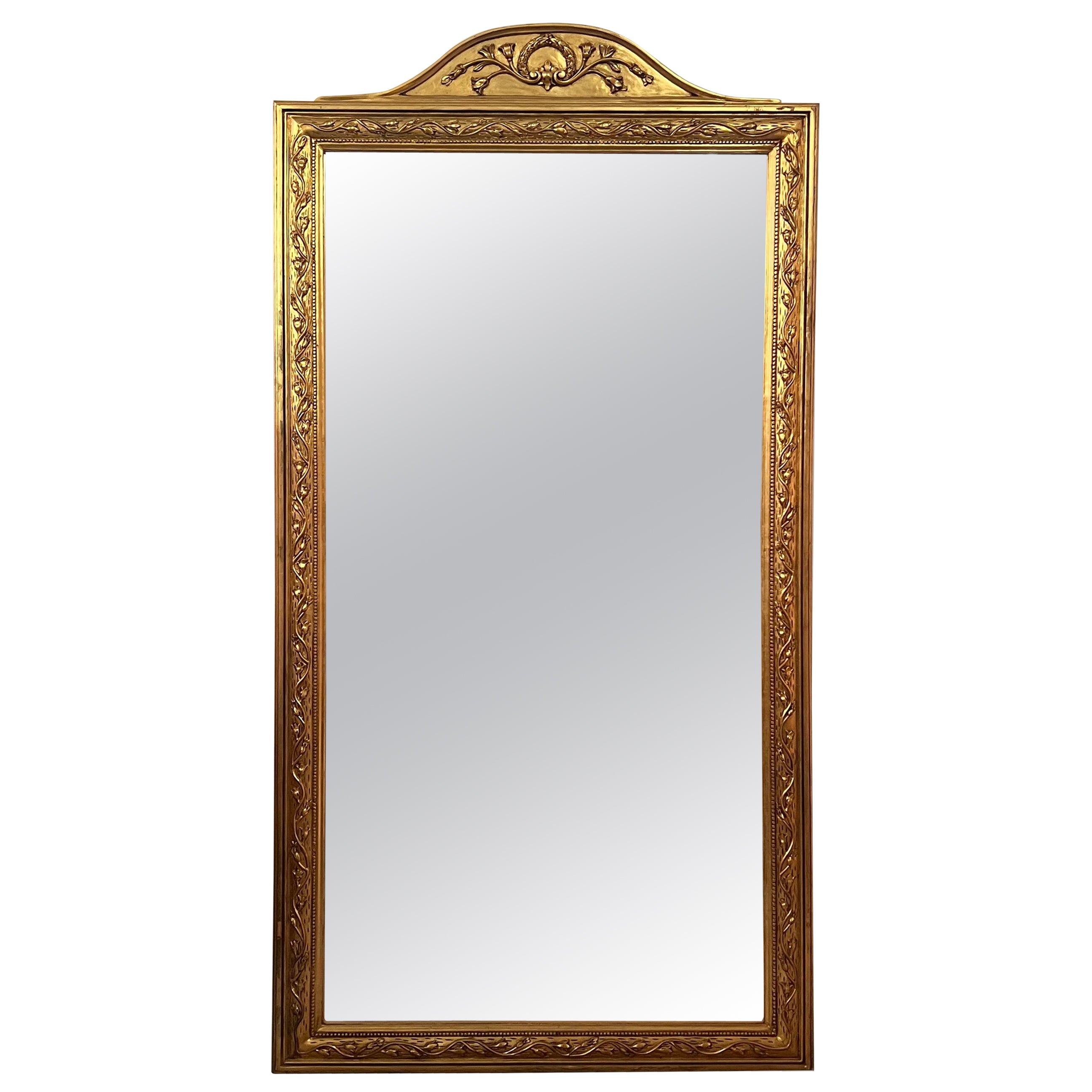 French 19th Century Symmetrical Large Vertical Gold Gilt Mirror with crest 7.8Ft