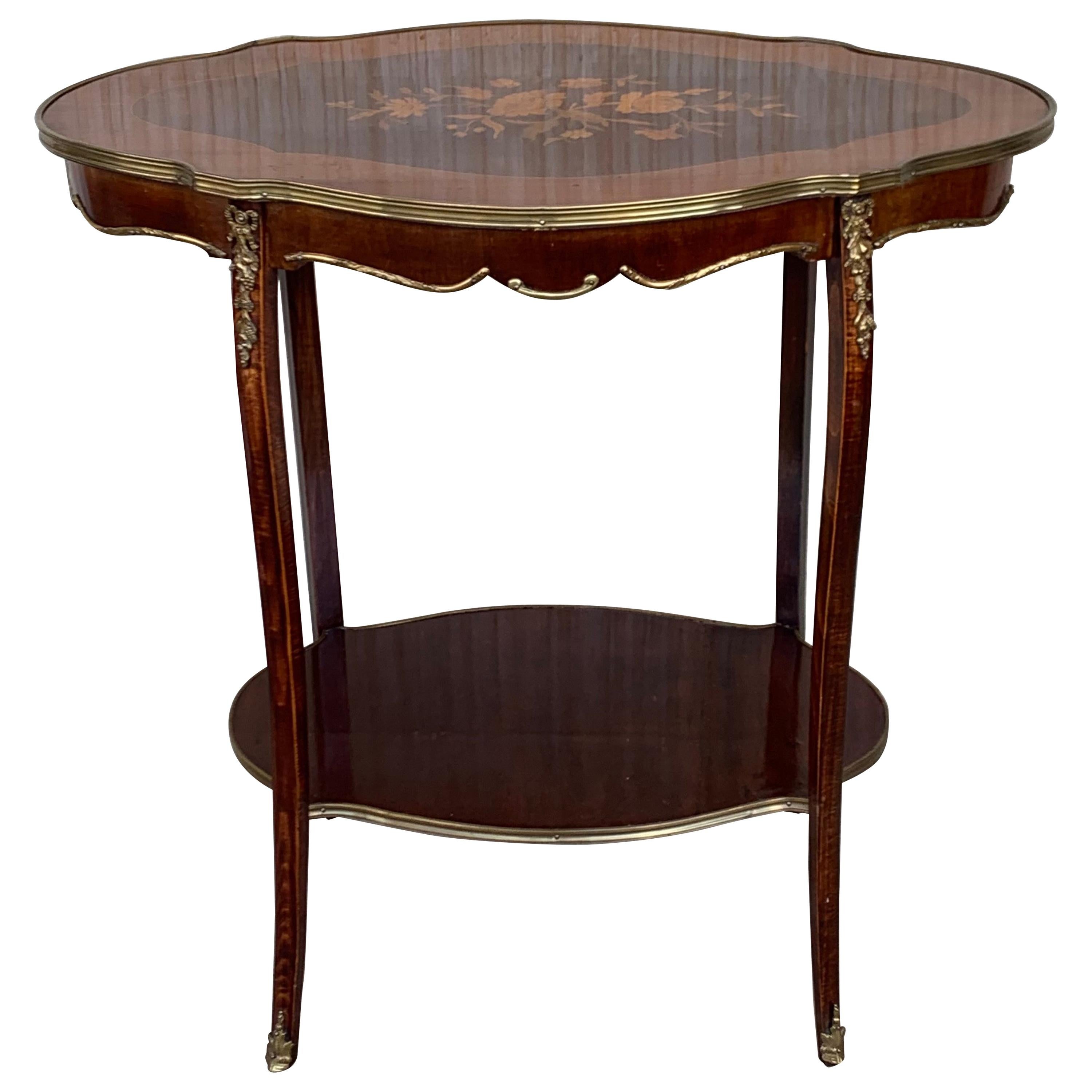 French 19th Century Table Louis XV Style with Floral Marquetry and Gilt Bronze