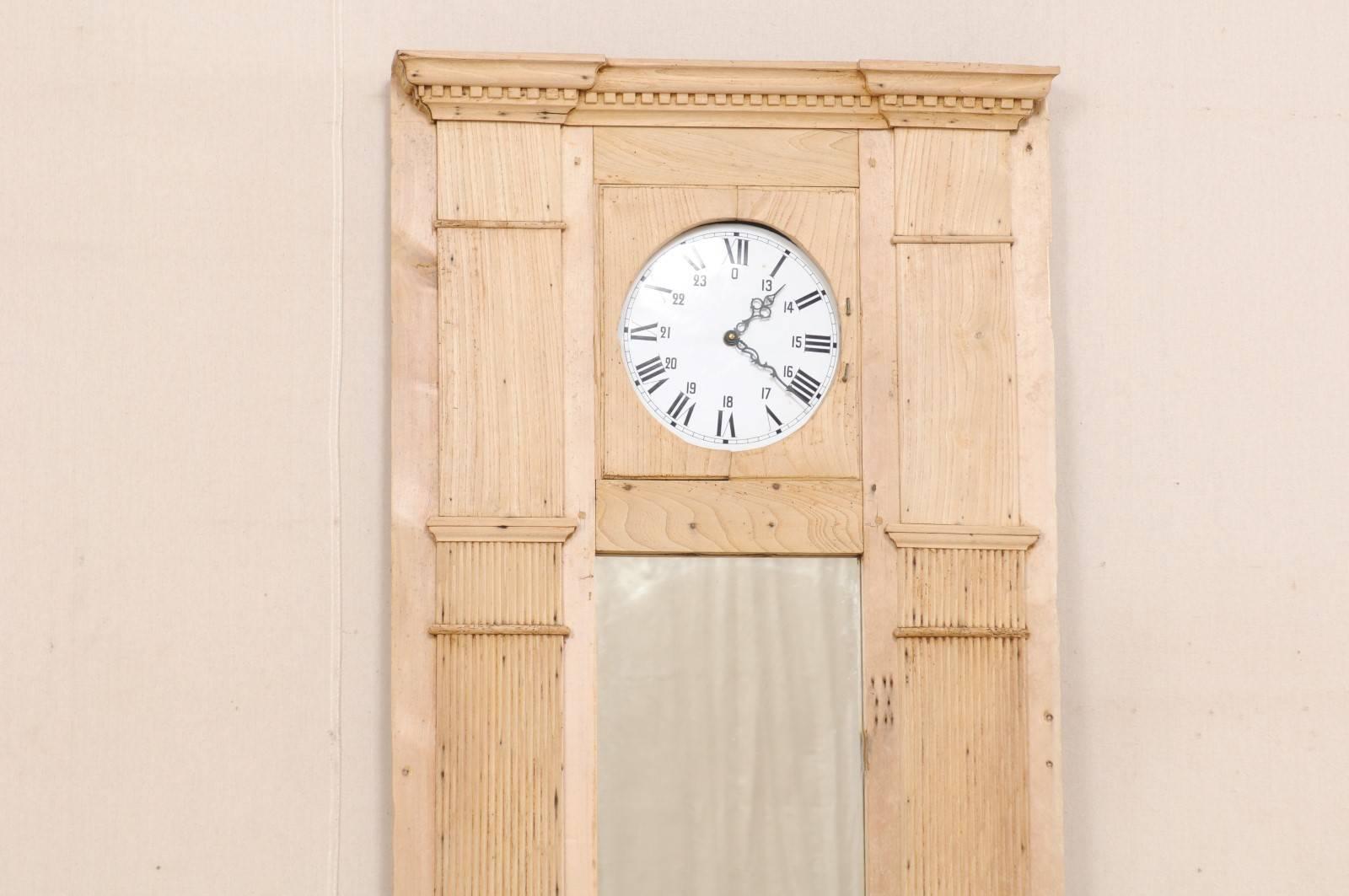 Carved French 19th Century Tall Architectural Wood Panel with Long Mirror and Clock