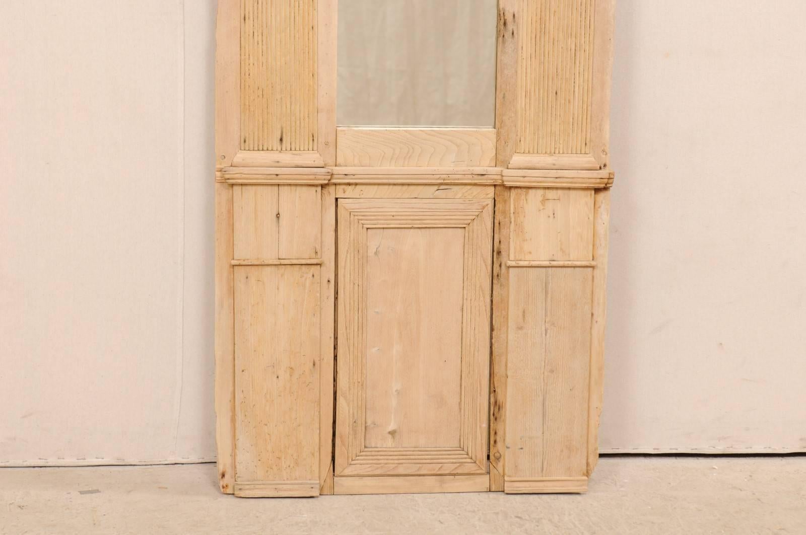 French 19th Century Tall Architectural Wood Panel with Long Mirror and Clock 1