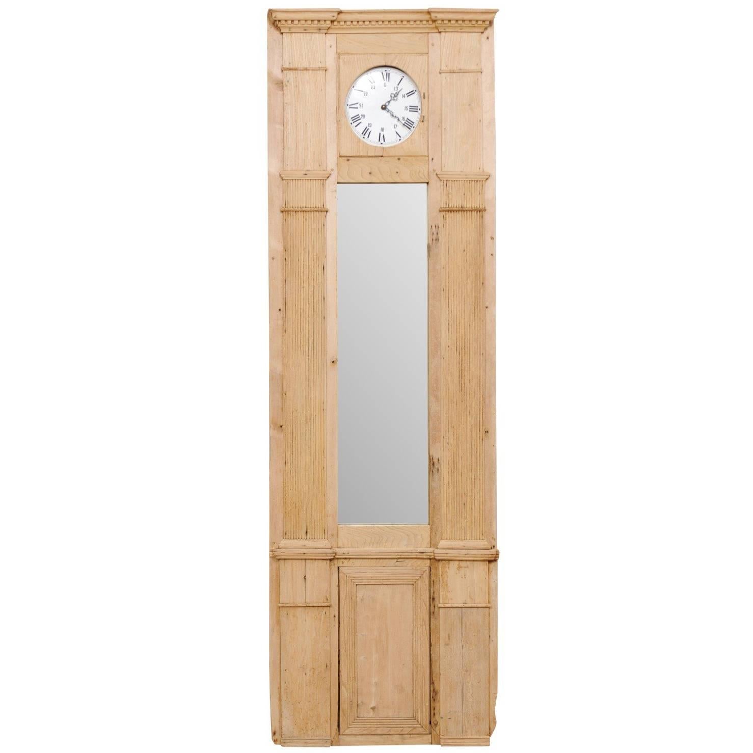 French 19th Century Tall Architectural Wood Panel with Long Mirror and Clock