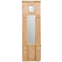 French 19th Century Tall Architectural Wood Panel with Long Mirror and Clock