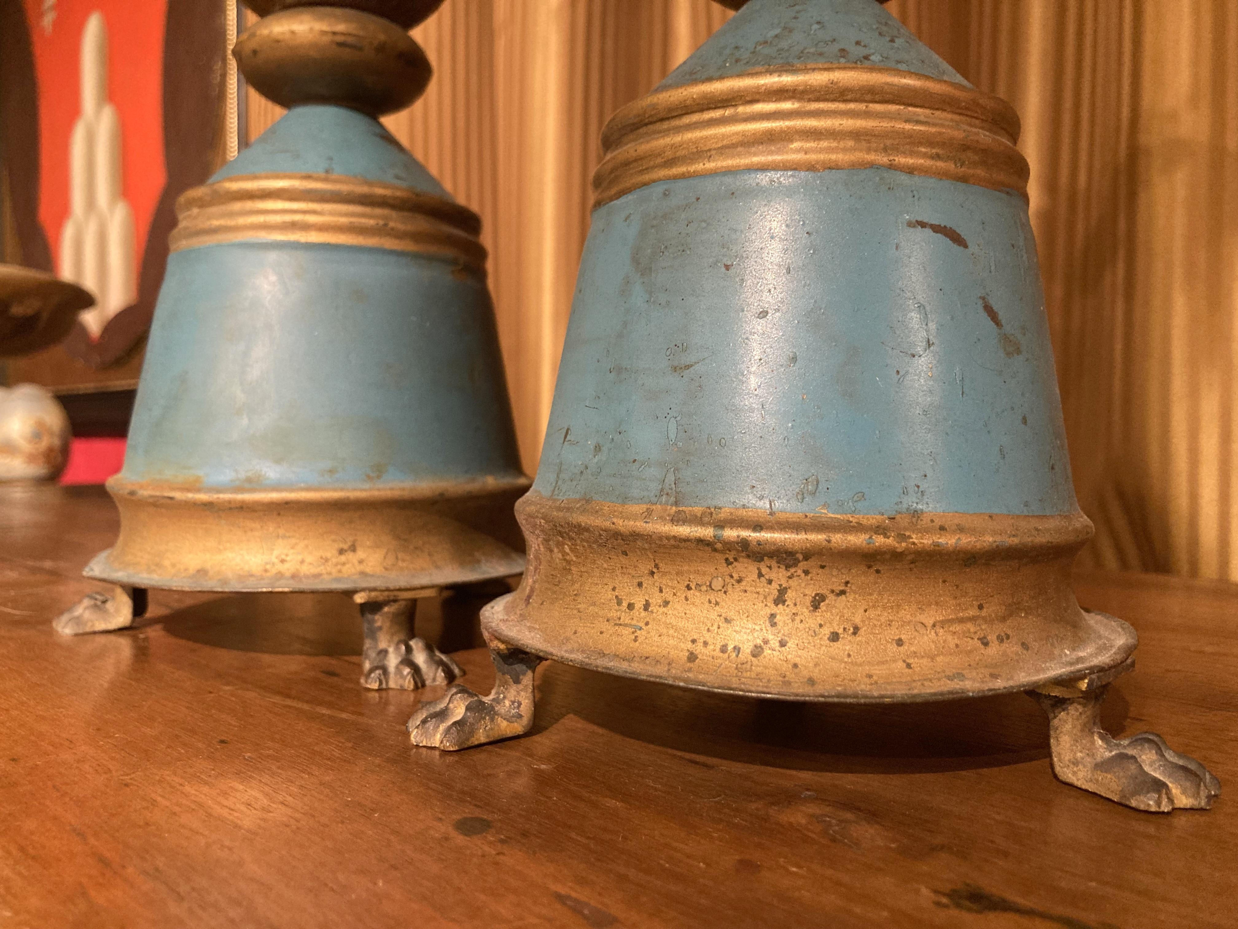 French 19th Century Tall Blue Painted Tole and Parcel Gilt Pricket Candlesticks For Sale 10