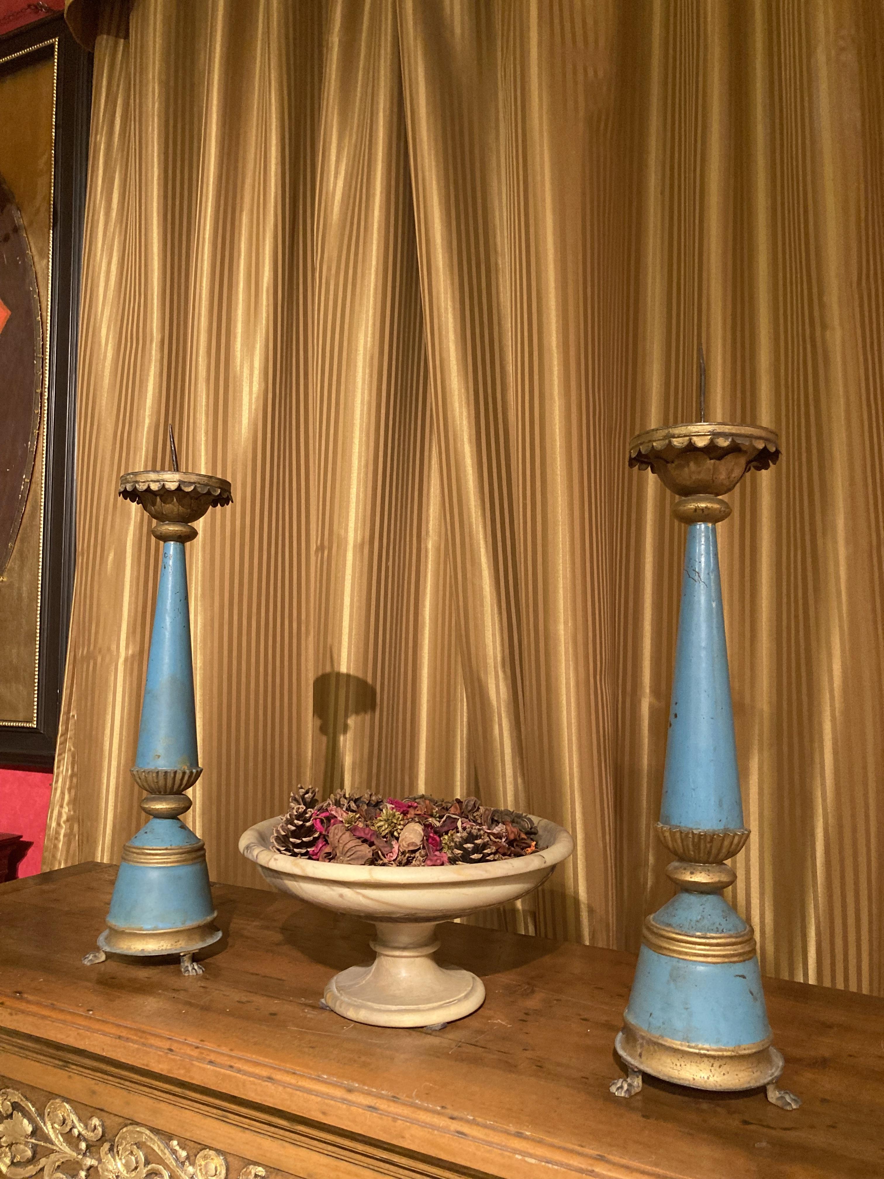 French 19th Century Tall Blue Painted Tole and Parcel Gilt Pricket Candlesticks For Sale 11