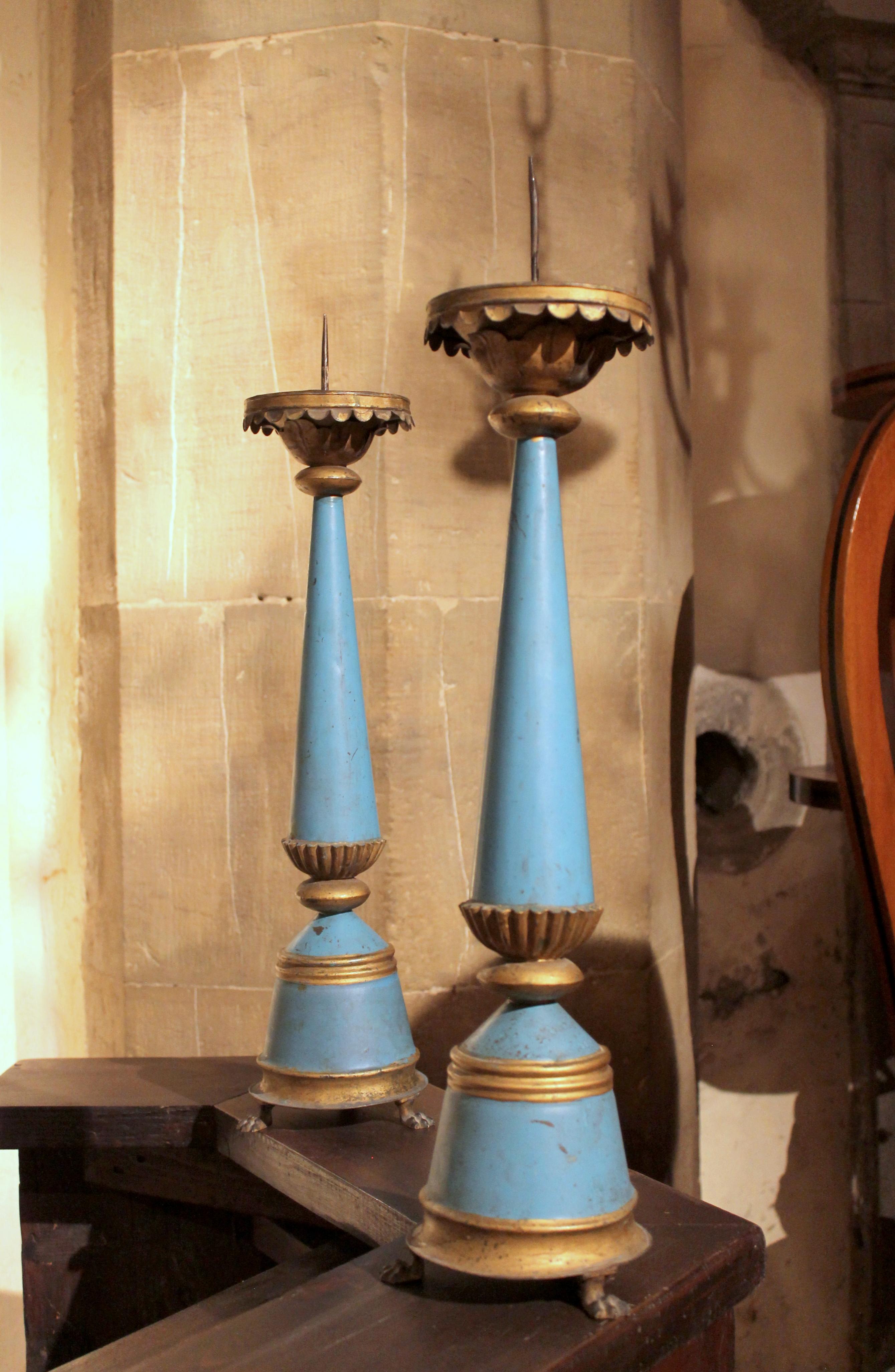 Metal French 19th Century Tall Blue Painted Tole and Parcel Gilt Pricket Candlesticks For Sale